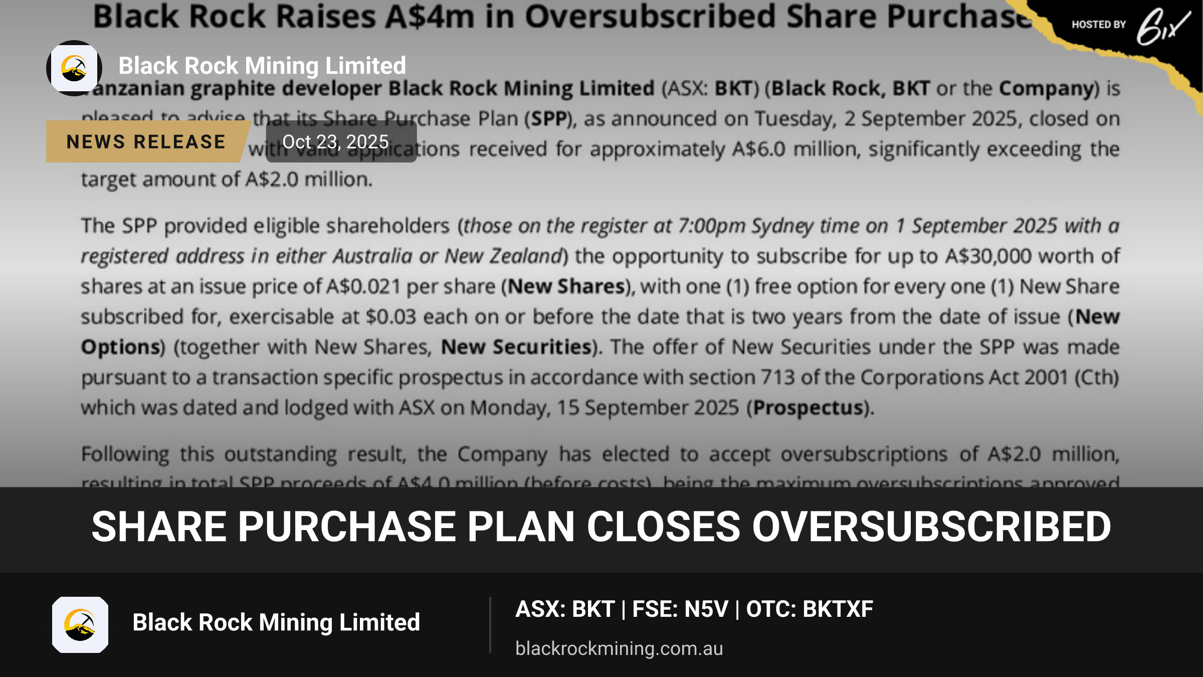 Share Purchase Plan Closes Oversubscribed