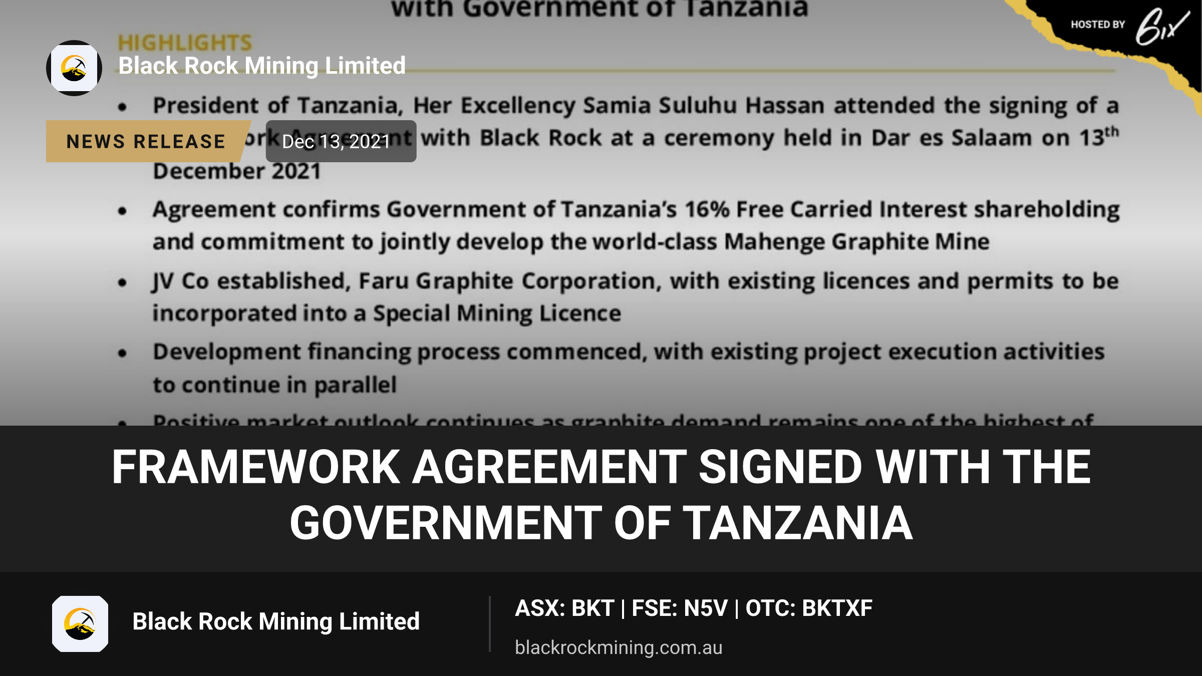 Framework Agreement Signed with the Government of Tanzania