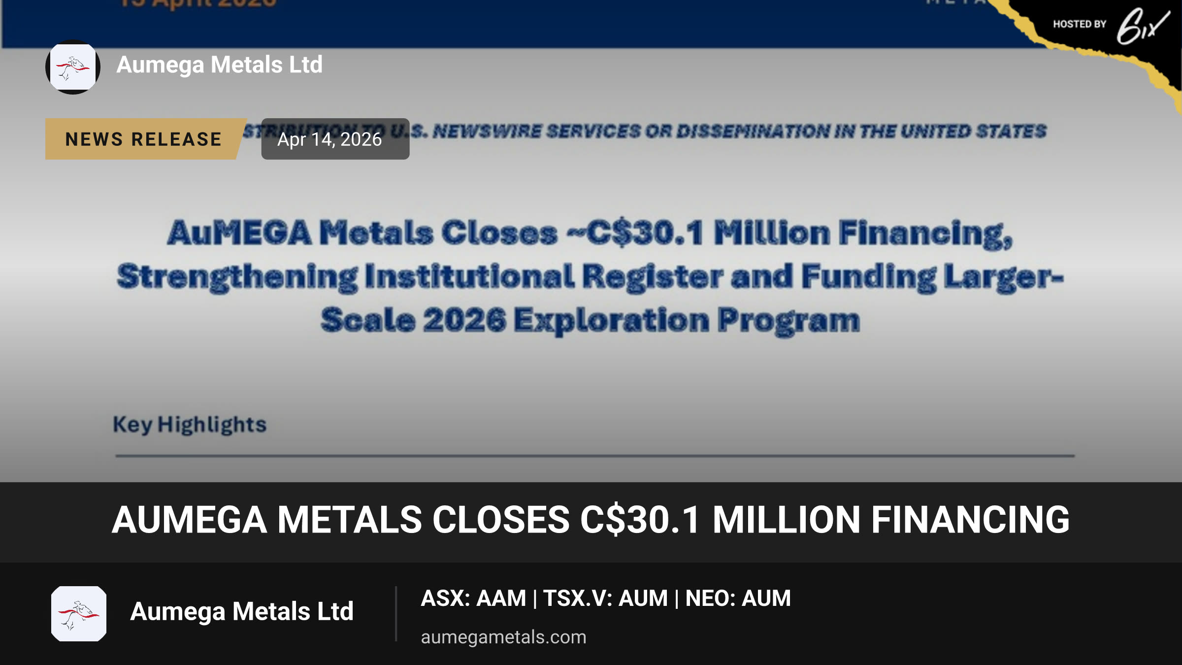 AuMEGA Metals Closes C$30.1 Million Financing