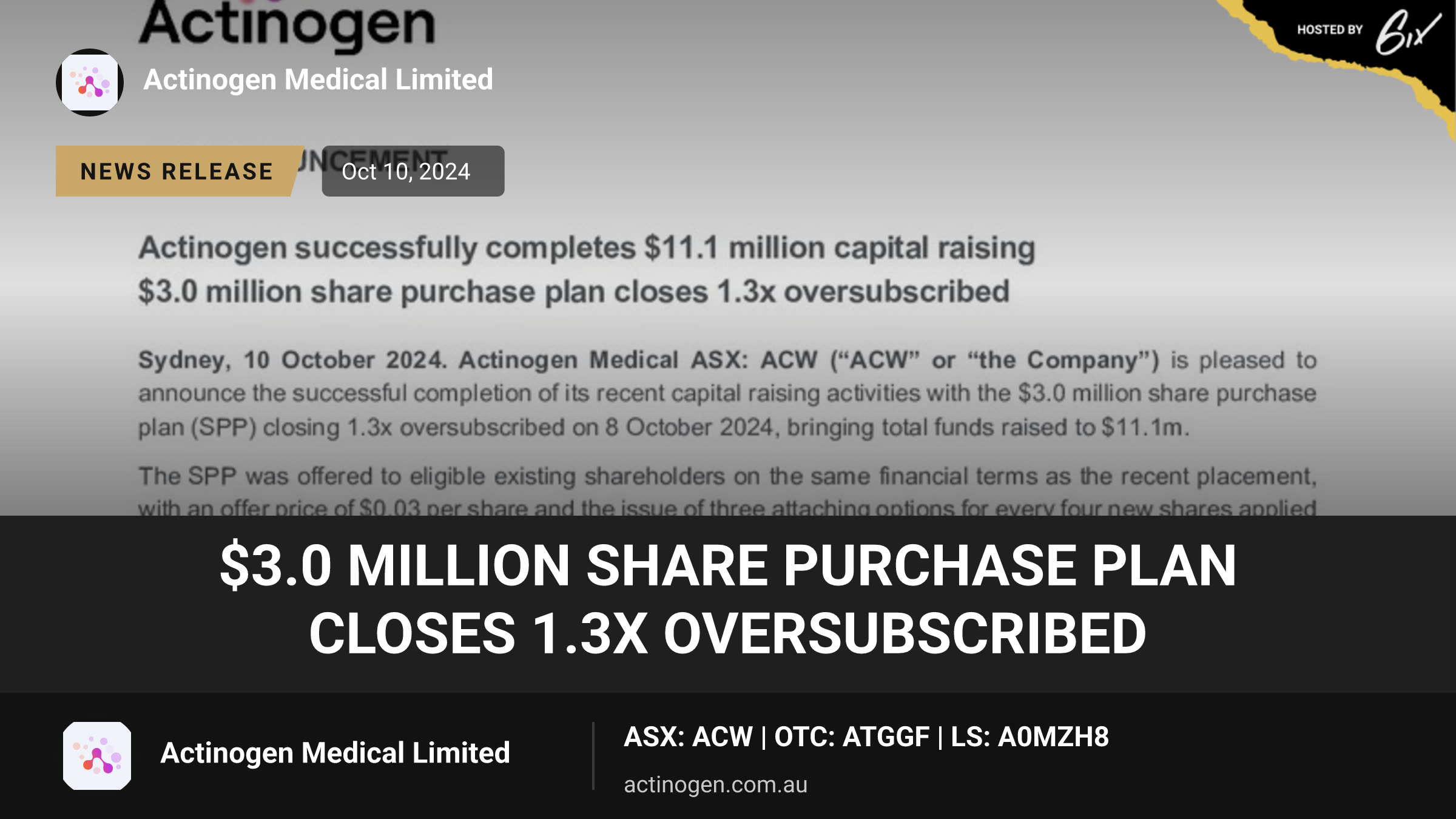 $3.0 million share purchase plan closes 1.3x oversubscribed