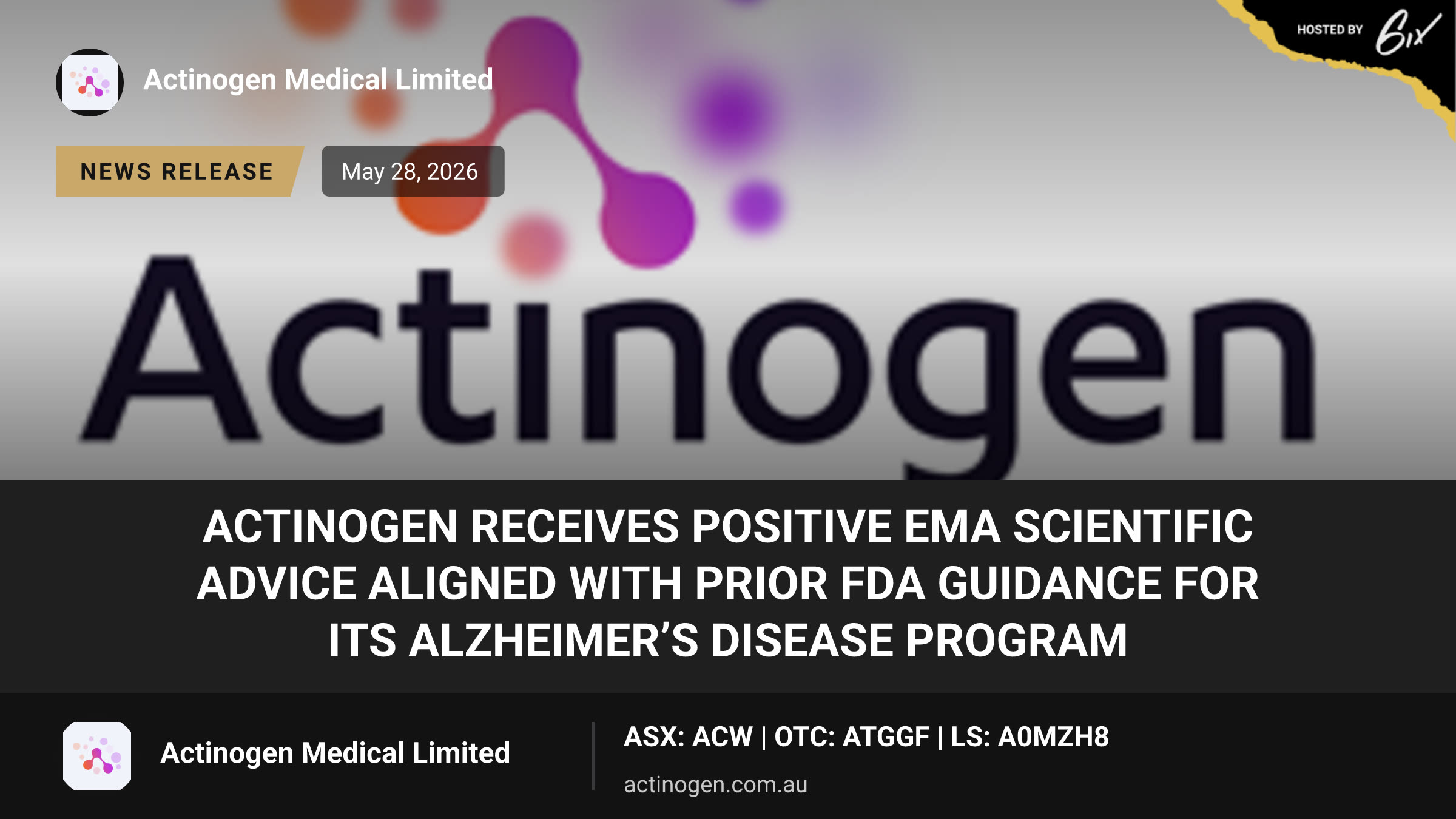 Actinogen receives positive EMA scientific advice aligned with prior FDA guidance for its Alzheimer’s disease program