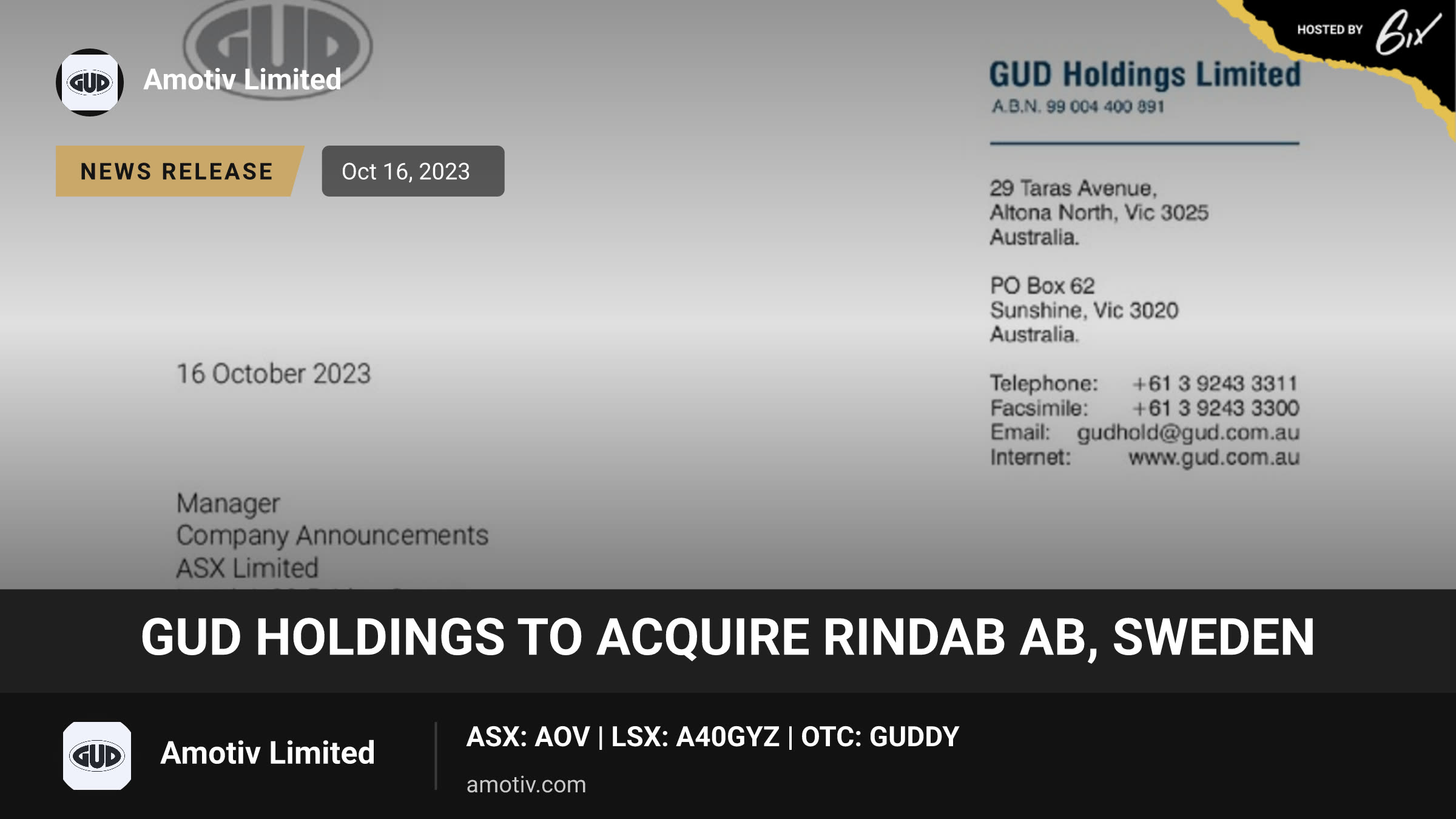 GUD Holdings to acquire Rindab AB, Sweden