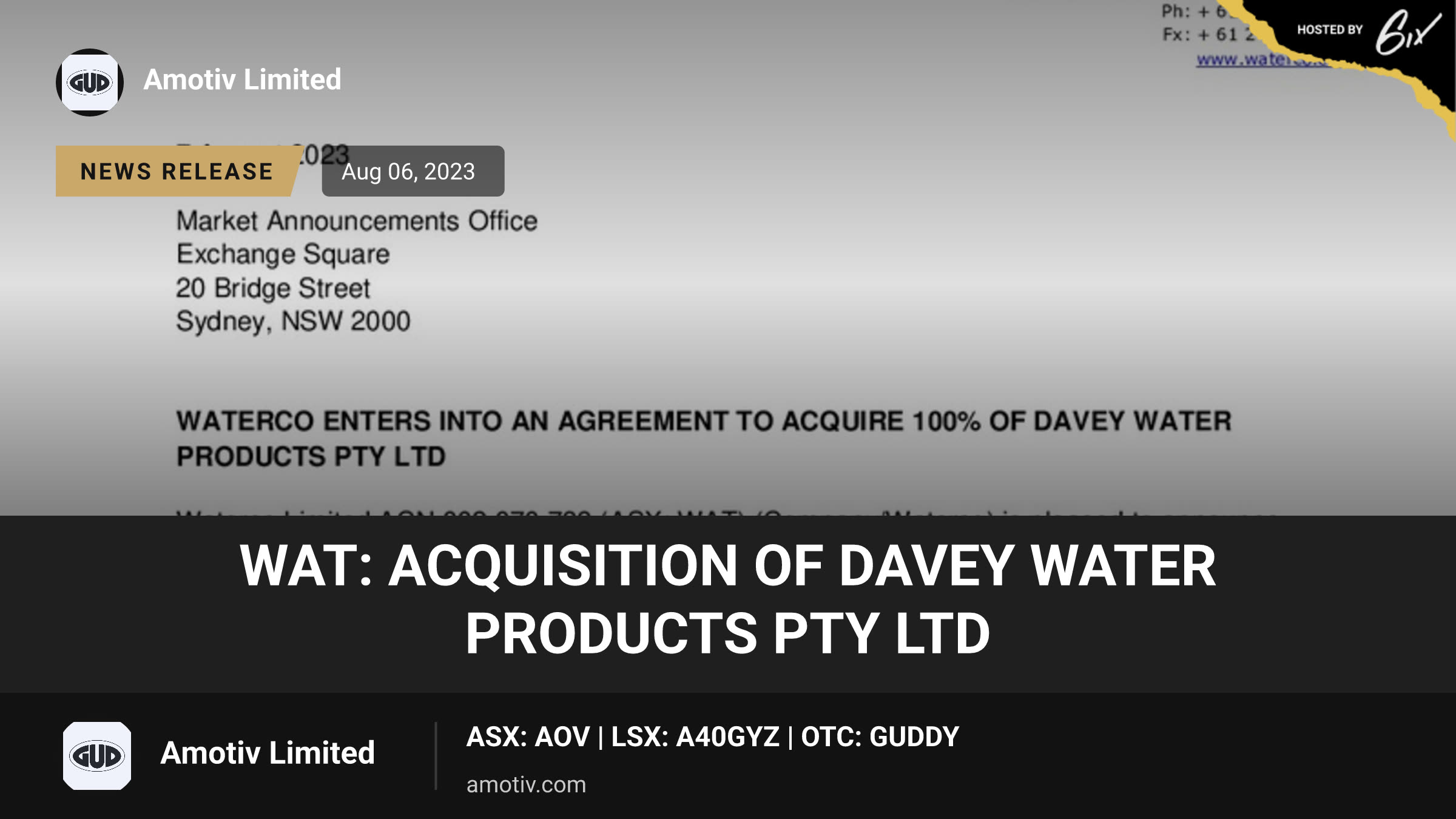 WAT: Acquisition of Davey Water Products Pty Ltd