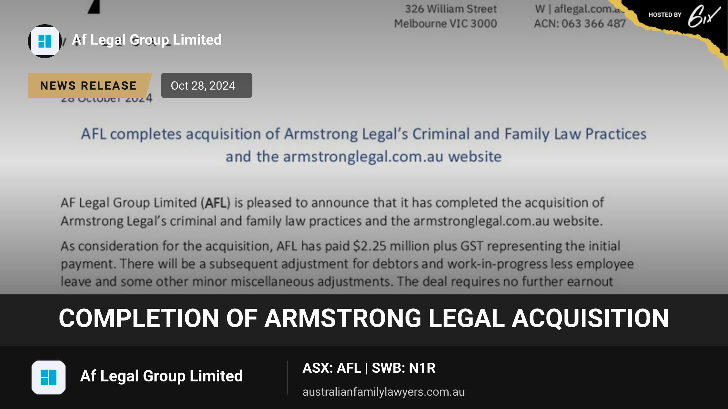 Completion of Armstrong Legal Acquisition