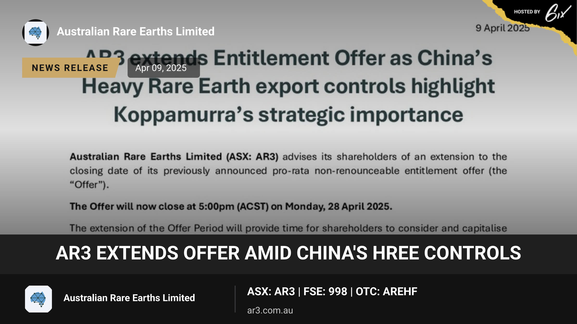 AR3 Extends Offer Amid China's HREE Controls