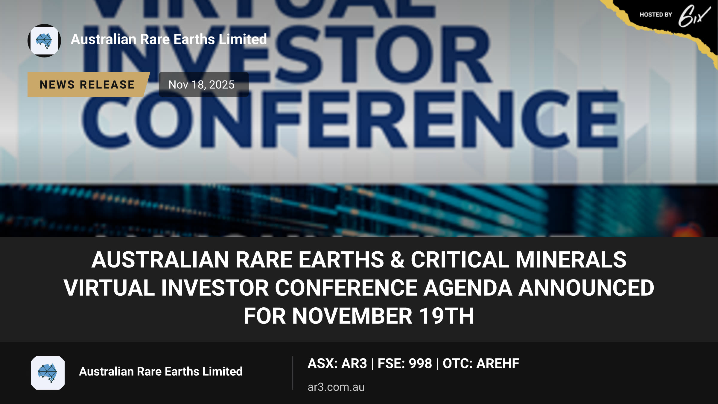 Australian Rare Earths & Critical Minerals Virtual Investor Conference Agenda Announced for November 19th
