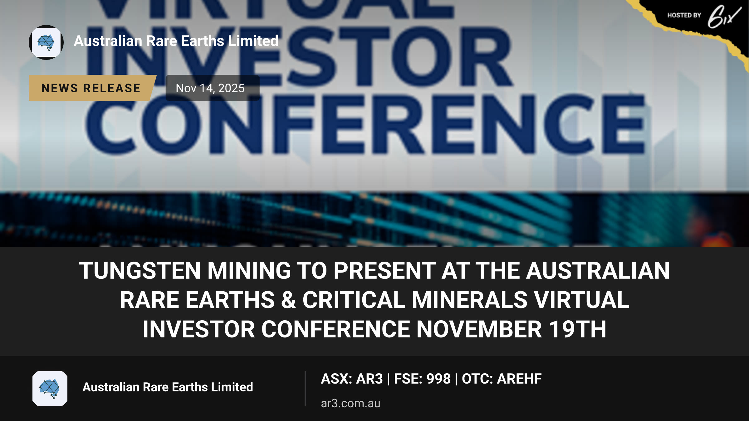Tungsten Mining to Present at the Australian Rare Earths & Critical Minerals Virtual Investor Conference November 19th