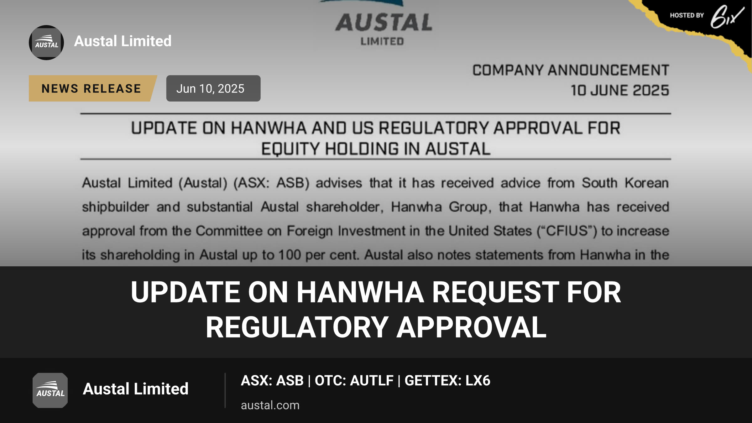Update on Hanwha request for regulatory approval