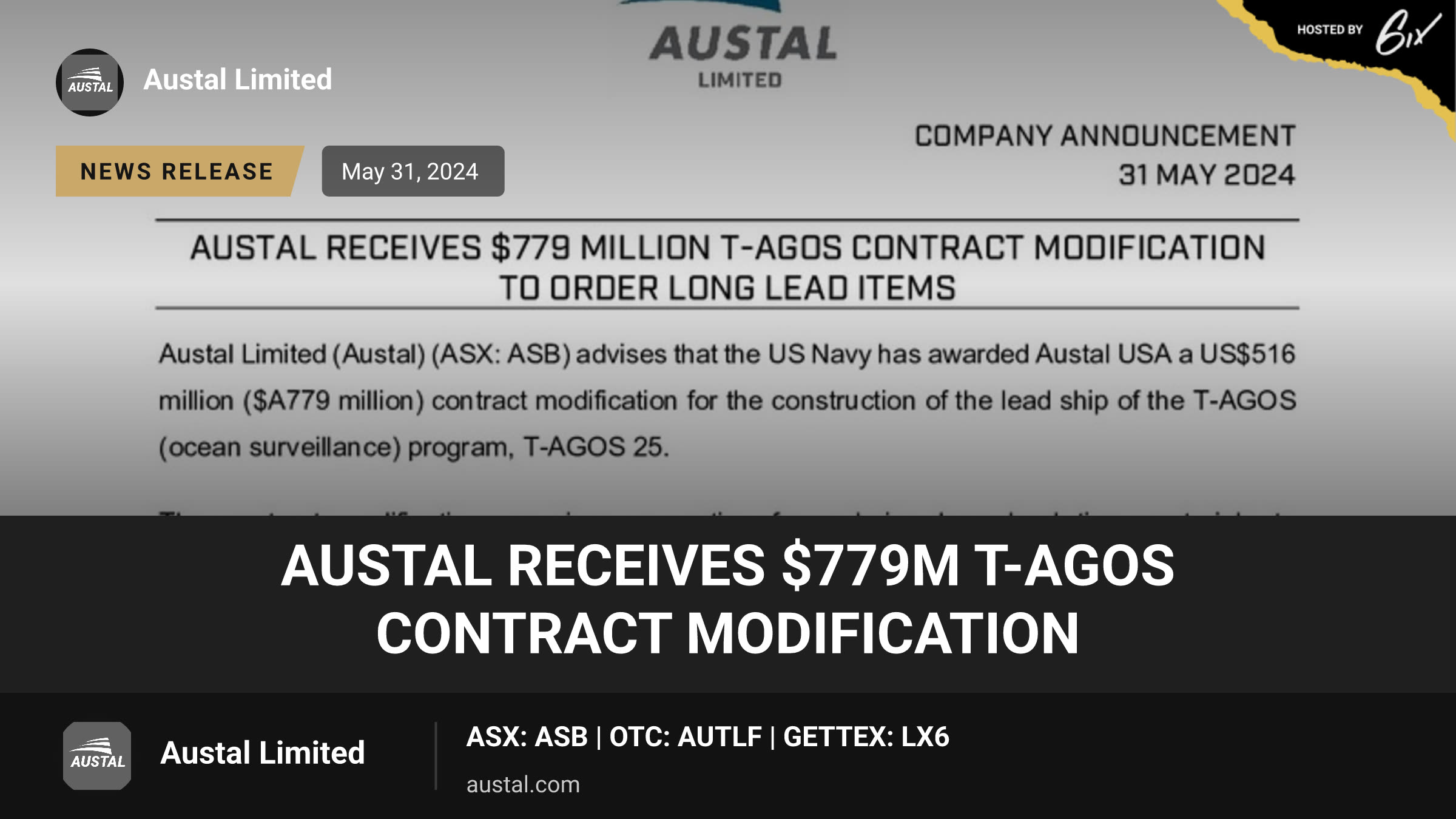 Austal receives $779M T-AGOS Contract Modification