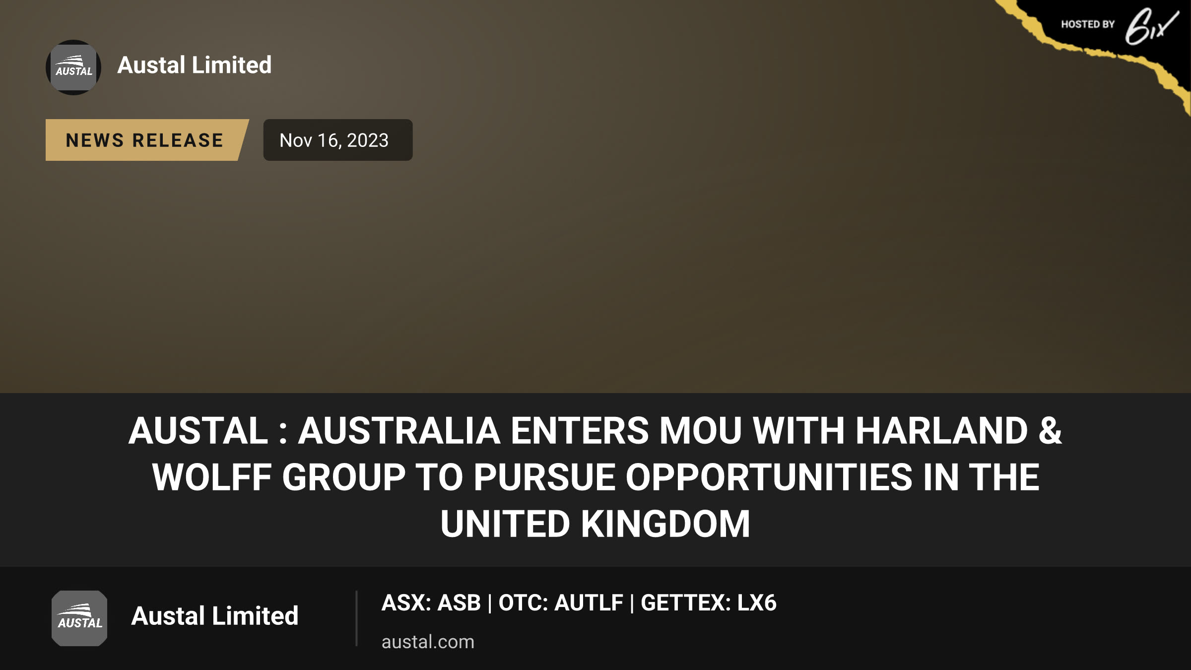 AUSTAL : AUSTRALIA ENTERS MOU WITH HARLAND & WOLFF GROUP TO PURSUE OPPORTUNITIES IN THE UNITED KINGDOM