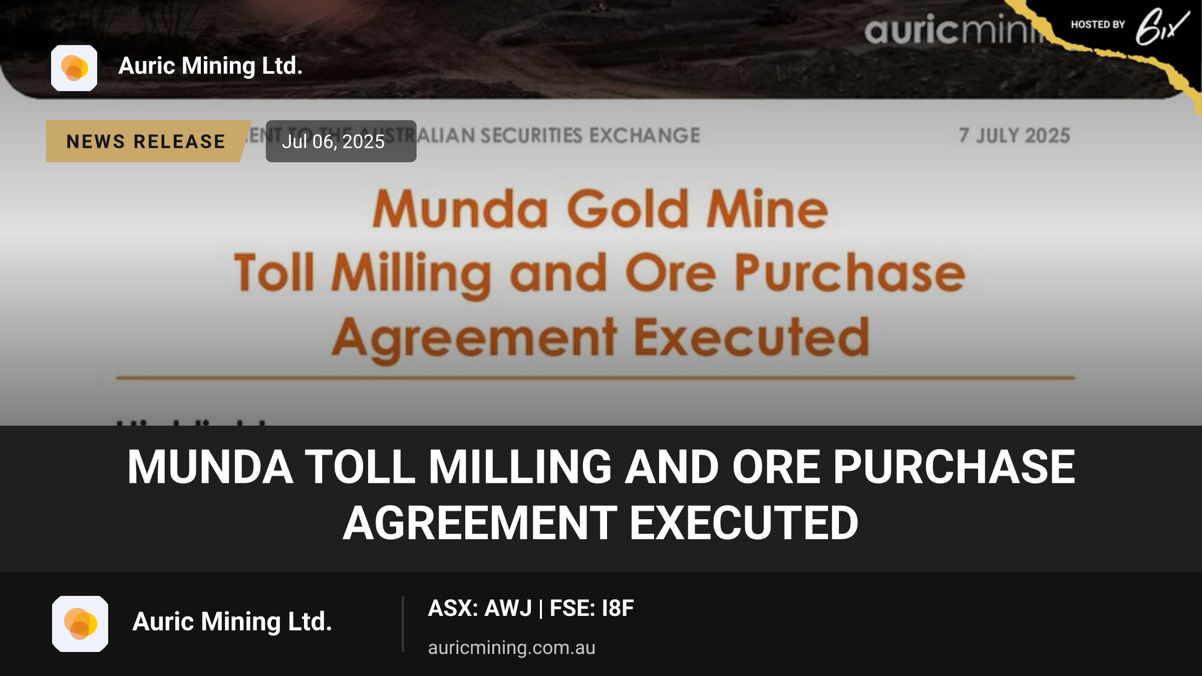 Munda Toll Milling and Ore Purchase Agreement Executed