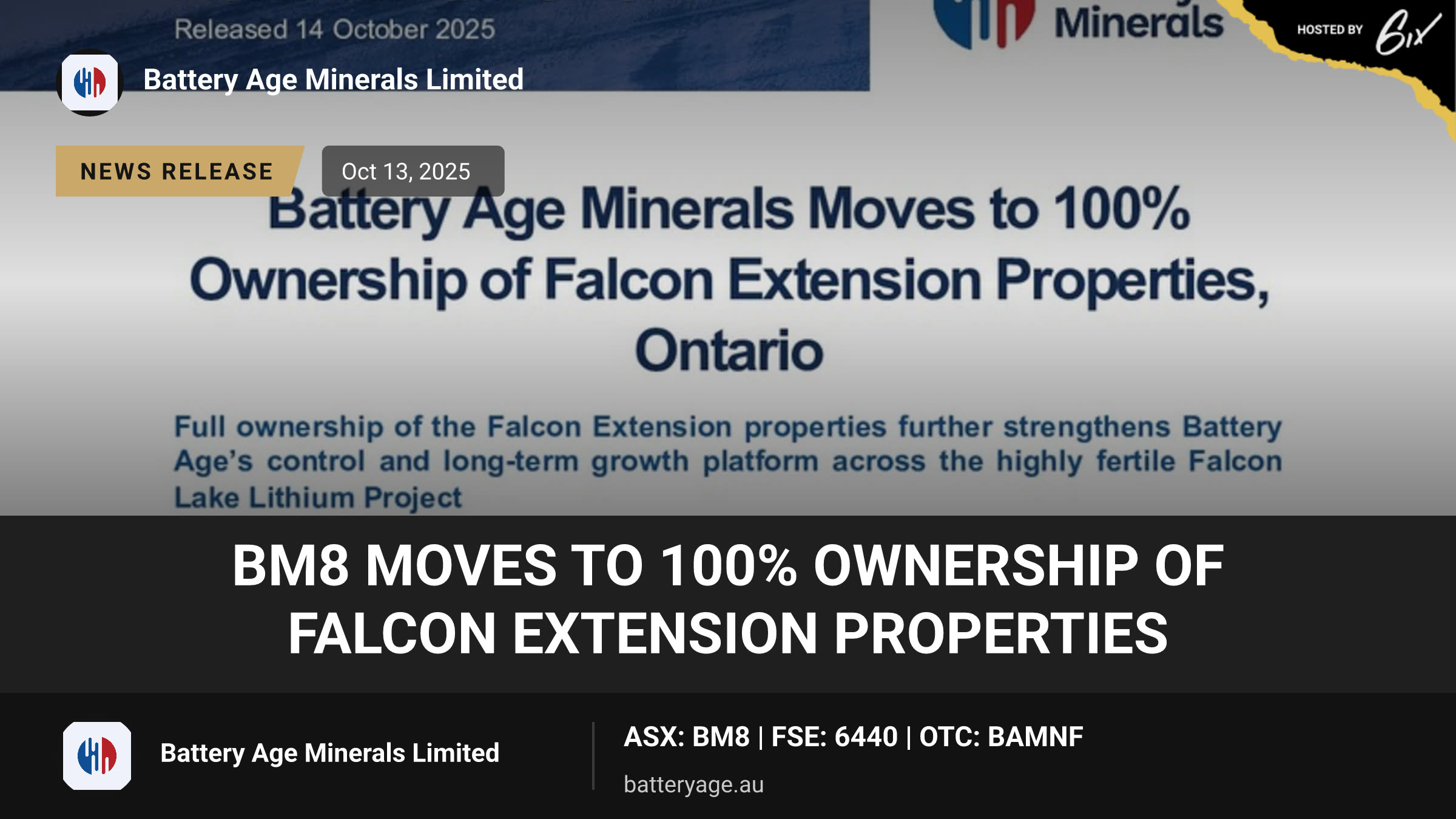 BM8 Moves to 100% Ownership of Falcon Extension Properties