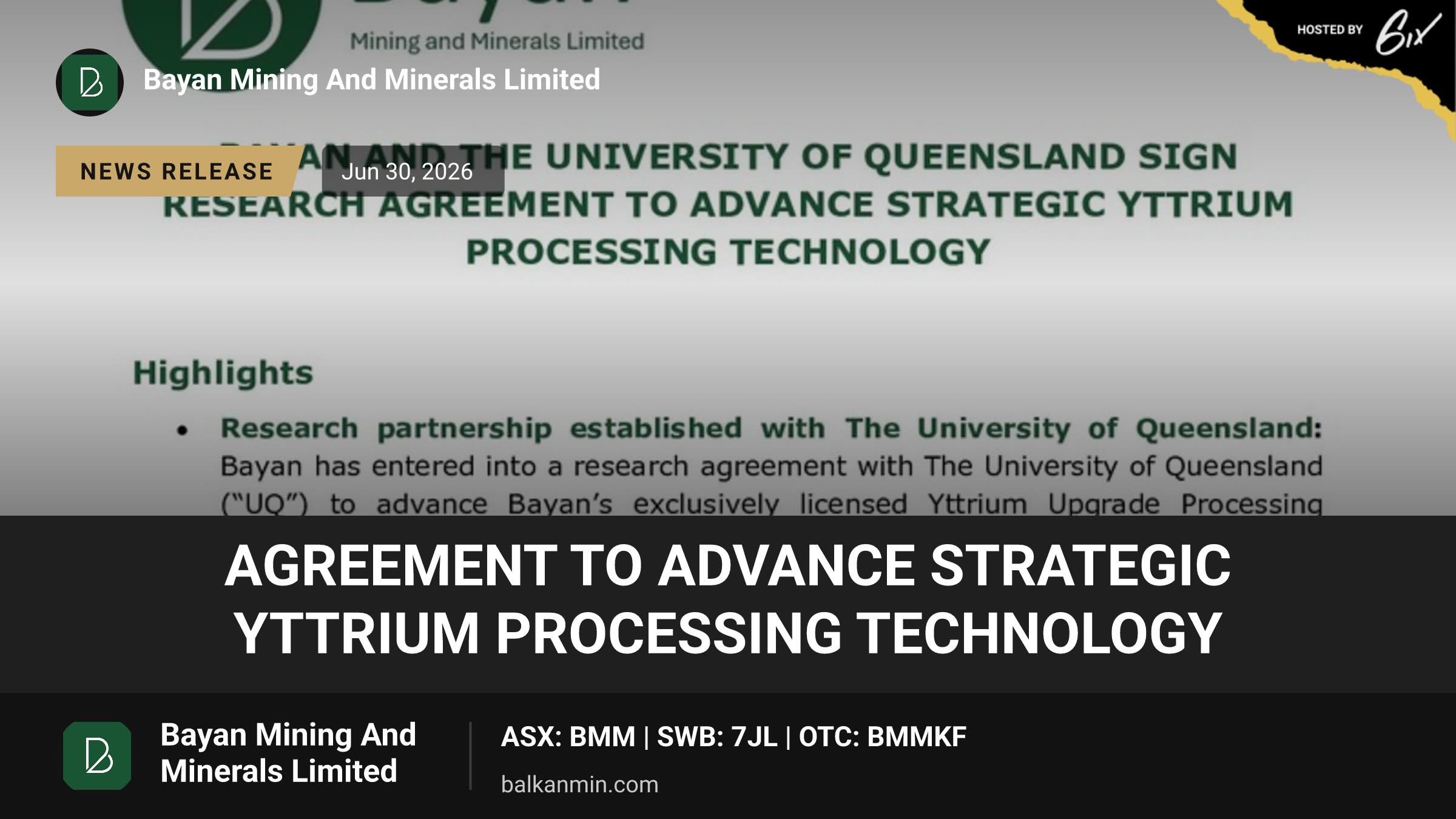 Agreement to Advance Strategic Yttrium Processing Technology