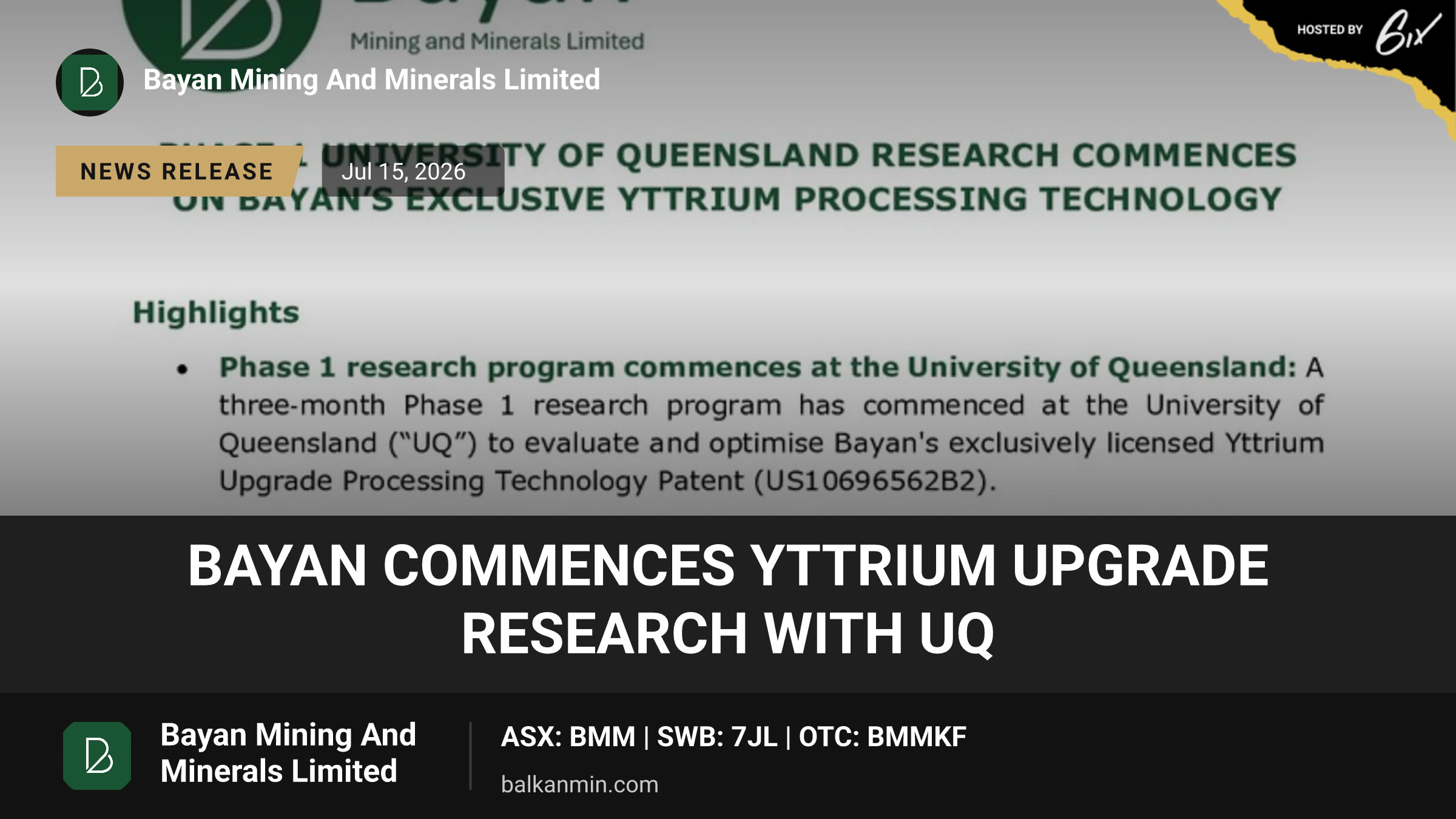 Bayan Commences Yttrium Upgrade Research with UQ