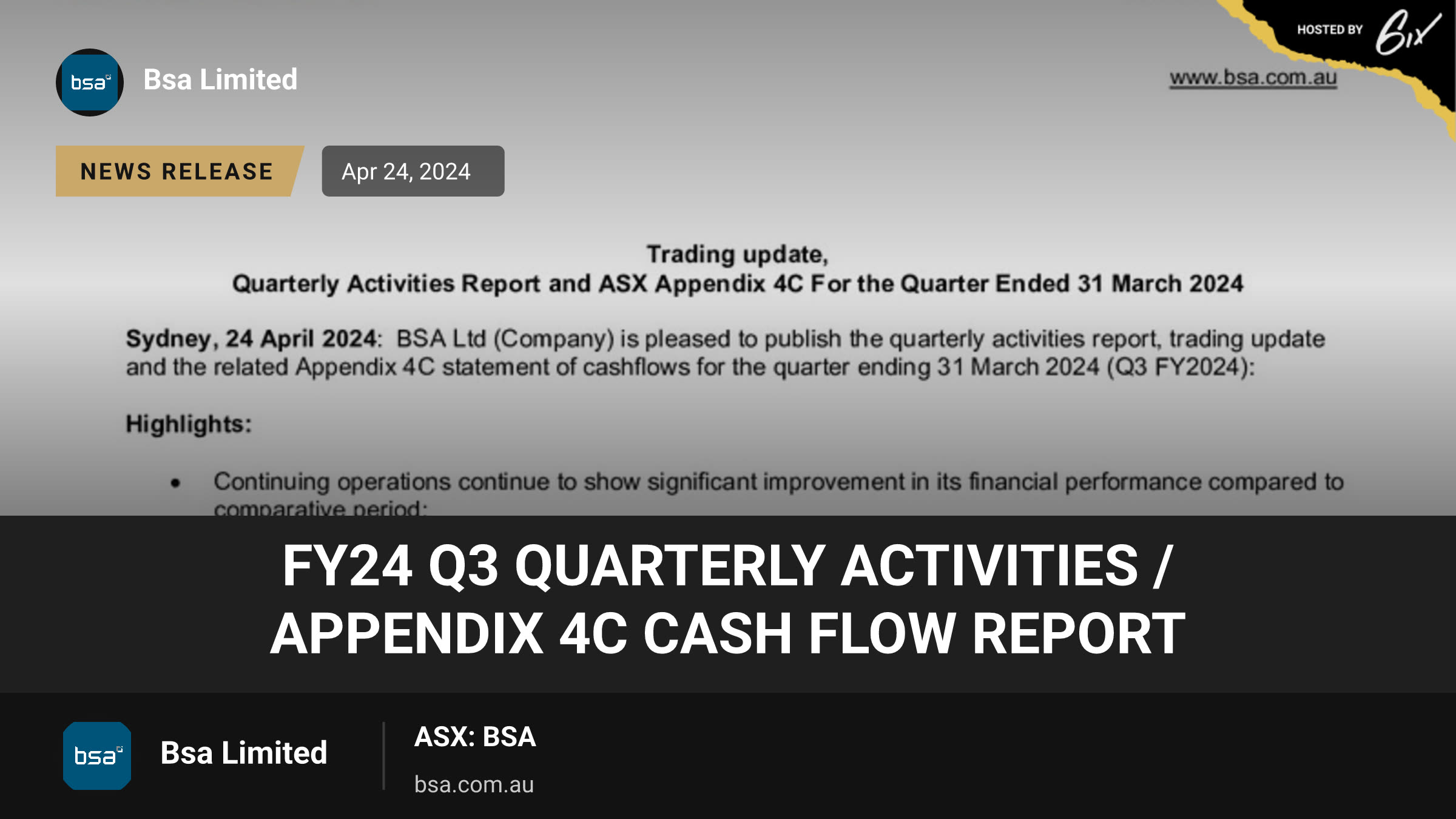 FY24 Q3 Quarterly Activities / Appendix 4C Cash Flow Report