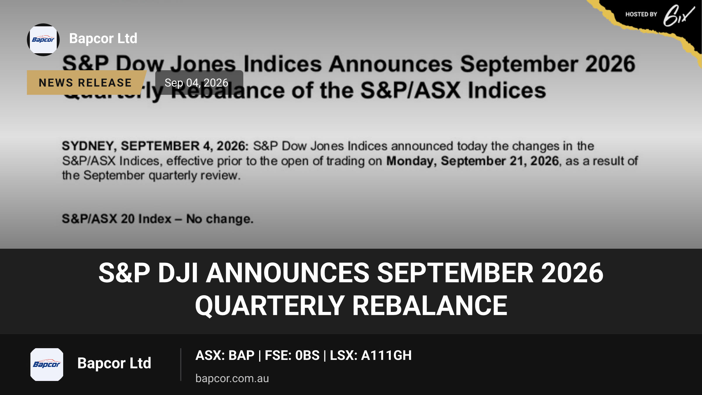 S&P DJI Announces September 2026 Quarterly Rebalance