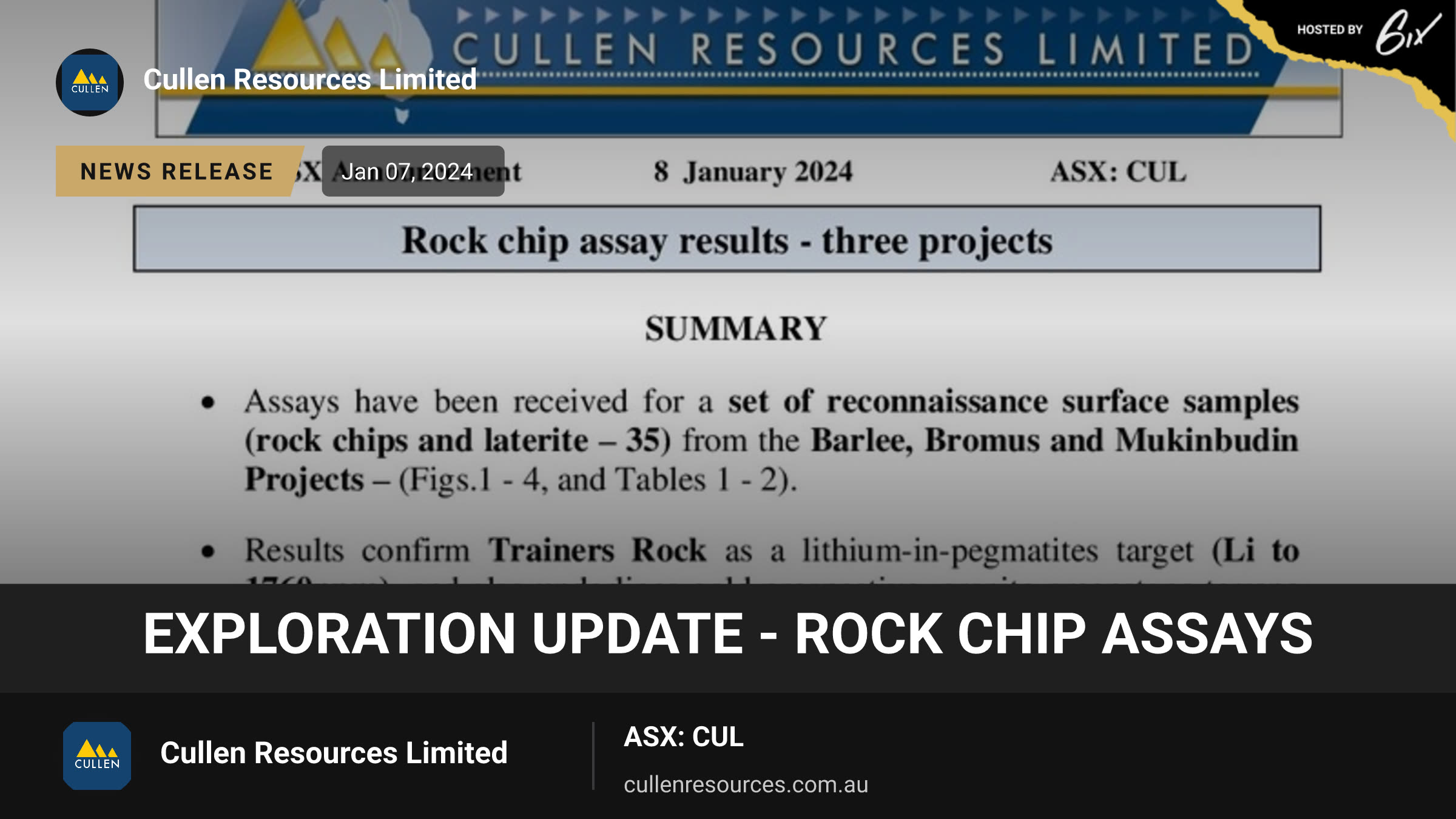 Exploration Update - Rock Chip Assays