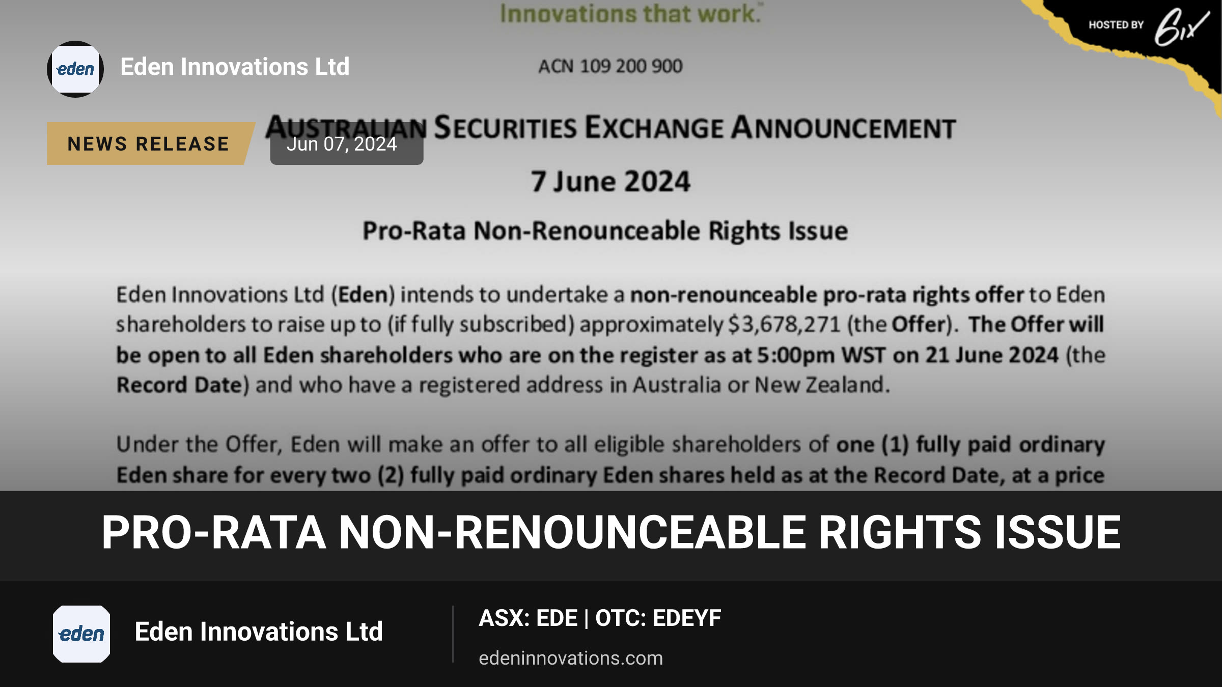 Pro-Rata Non-Renounceable Rights Issue
