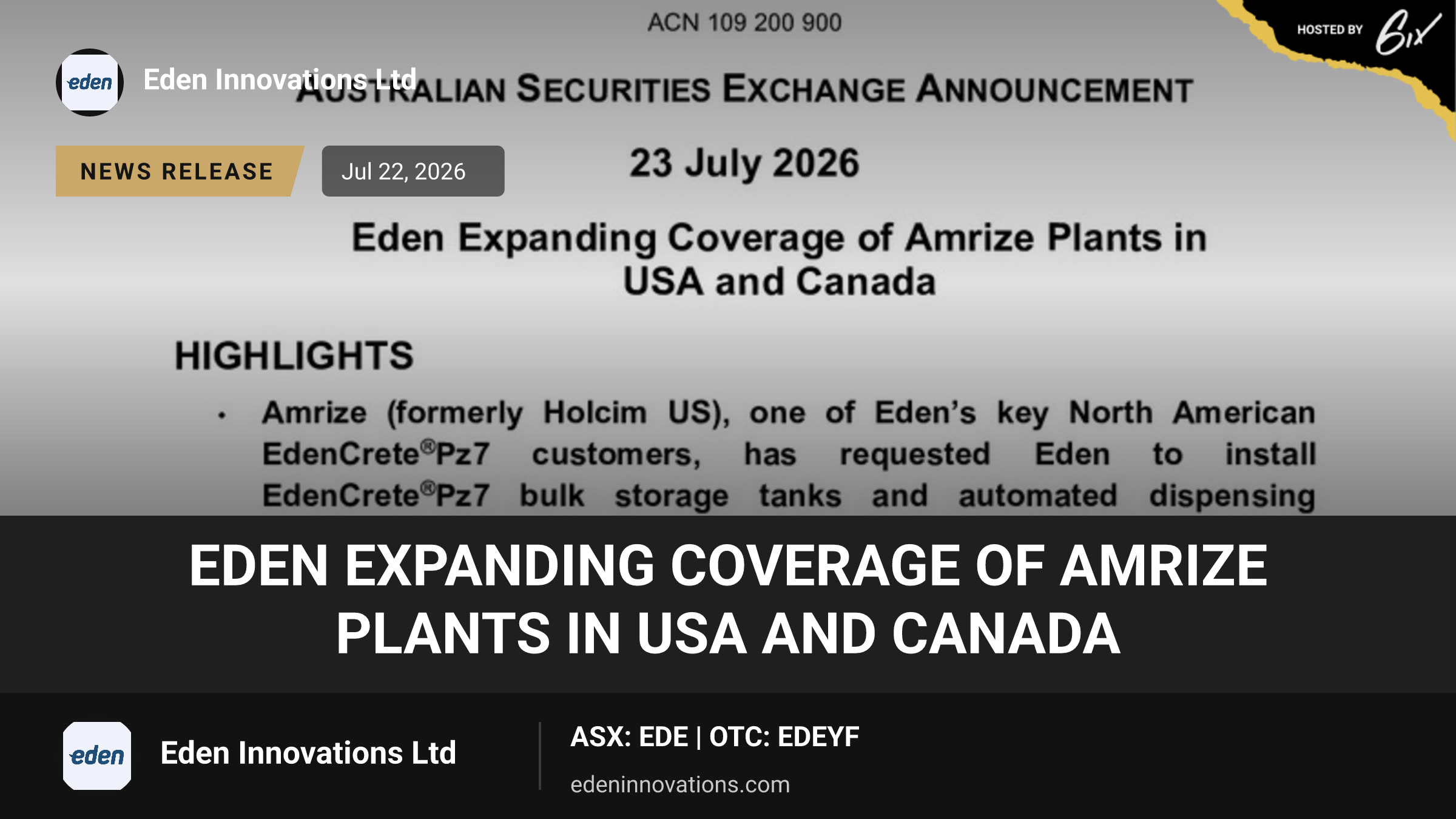 Eden Expanding Coverage of Amrize Plants in USA and Canada