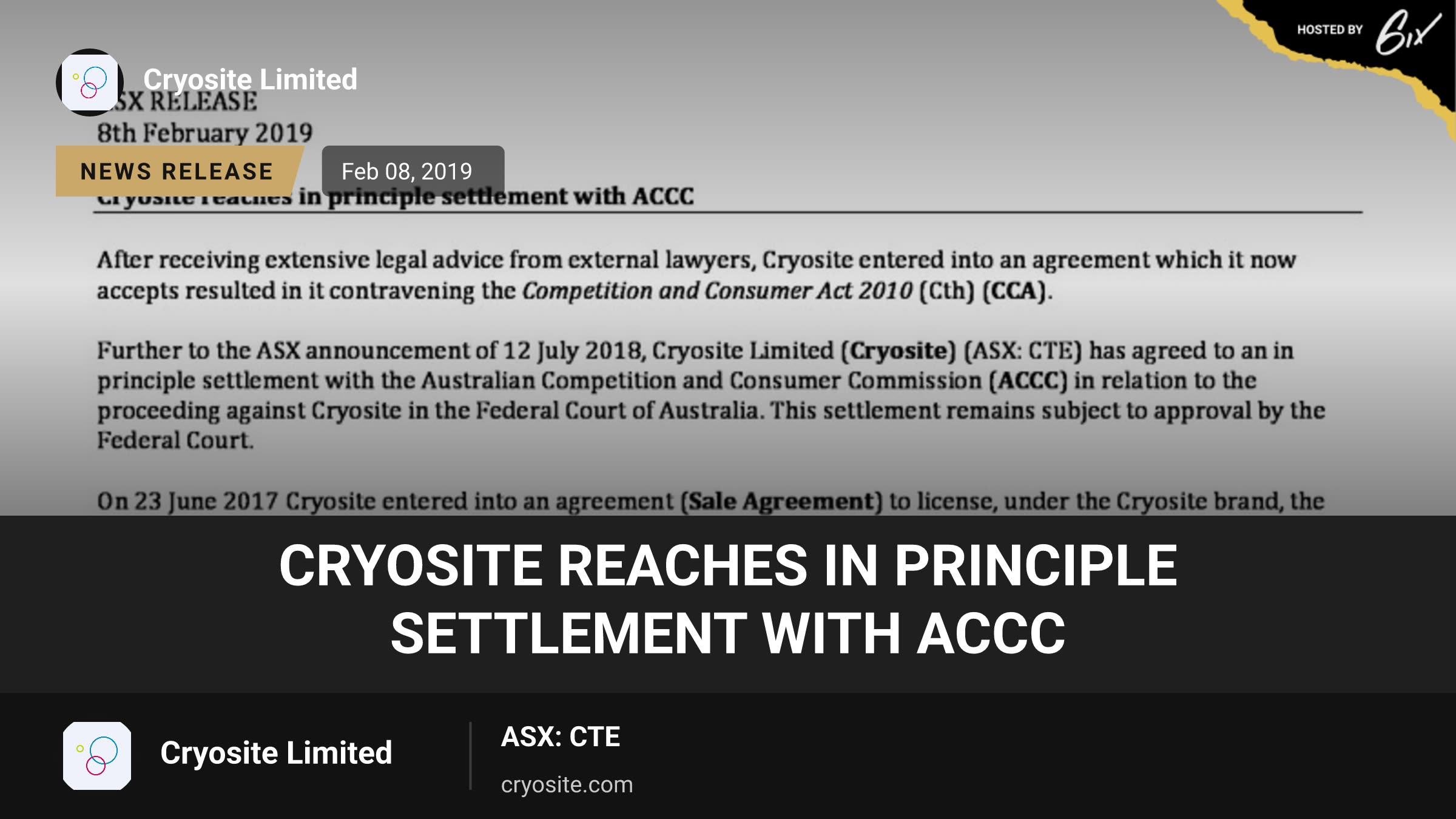Cryosite reaches in principle settlement with ACCC