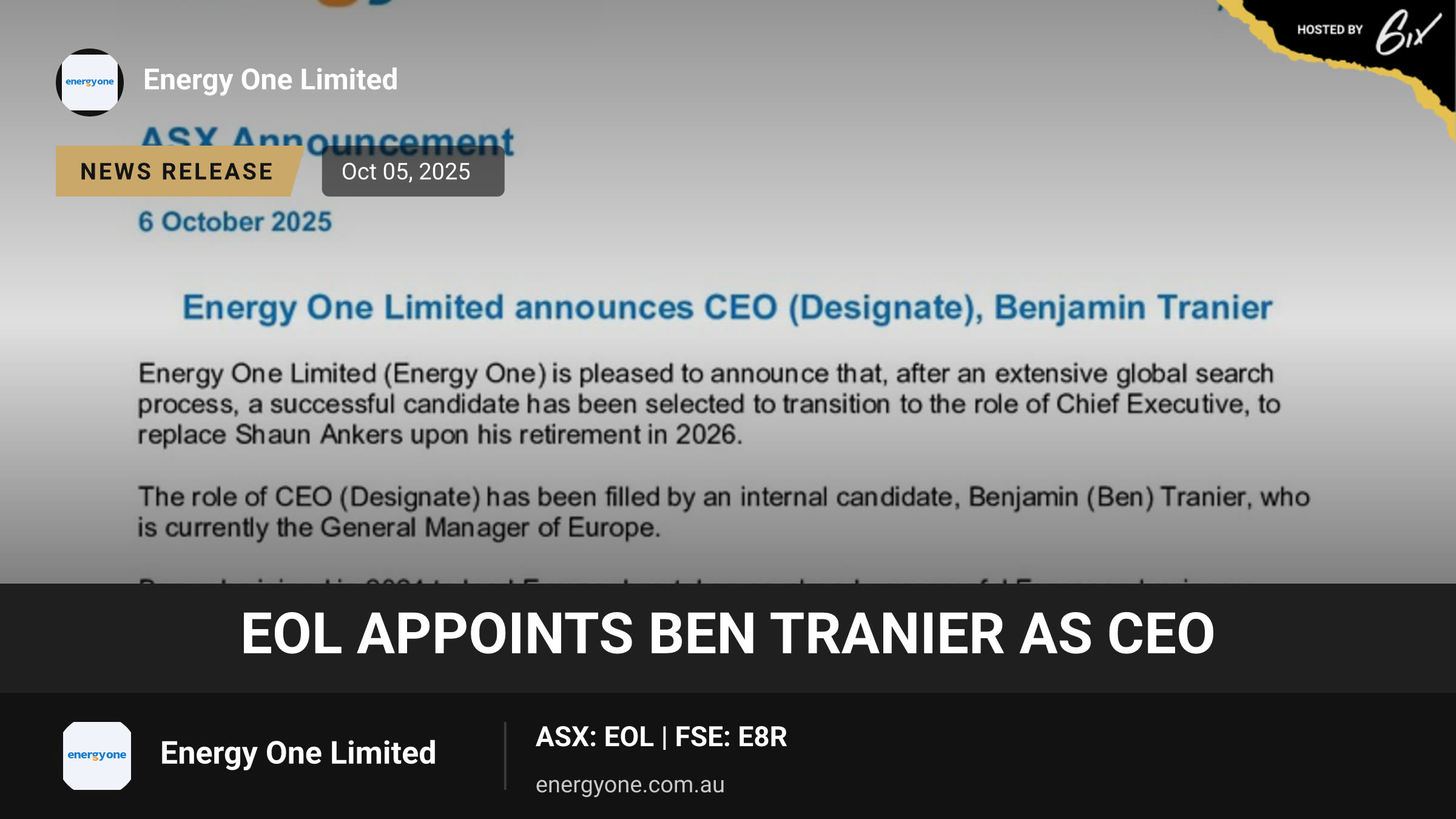 EOL Appoints Ben Tranier as CEO