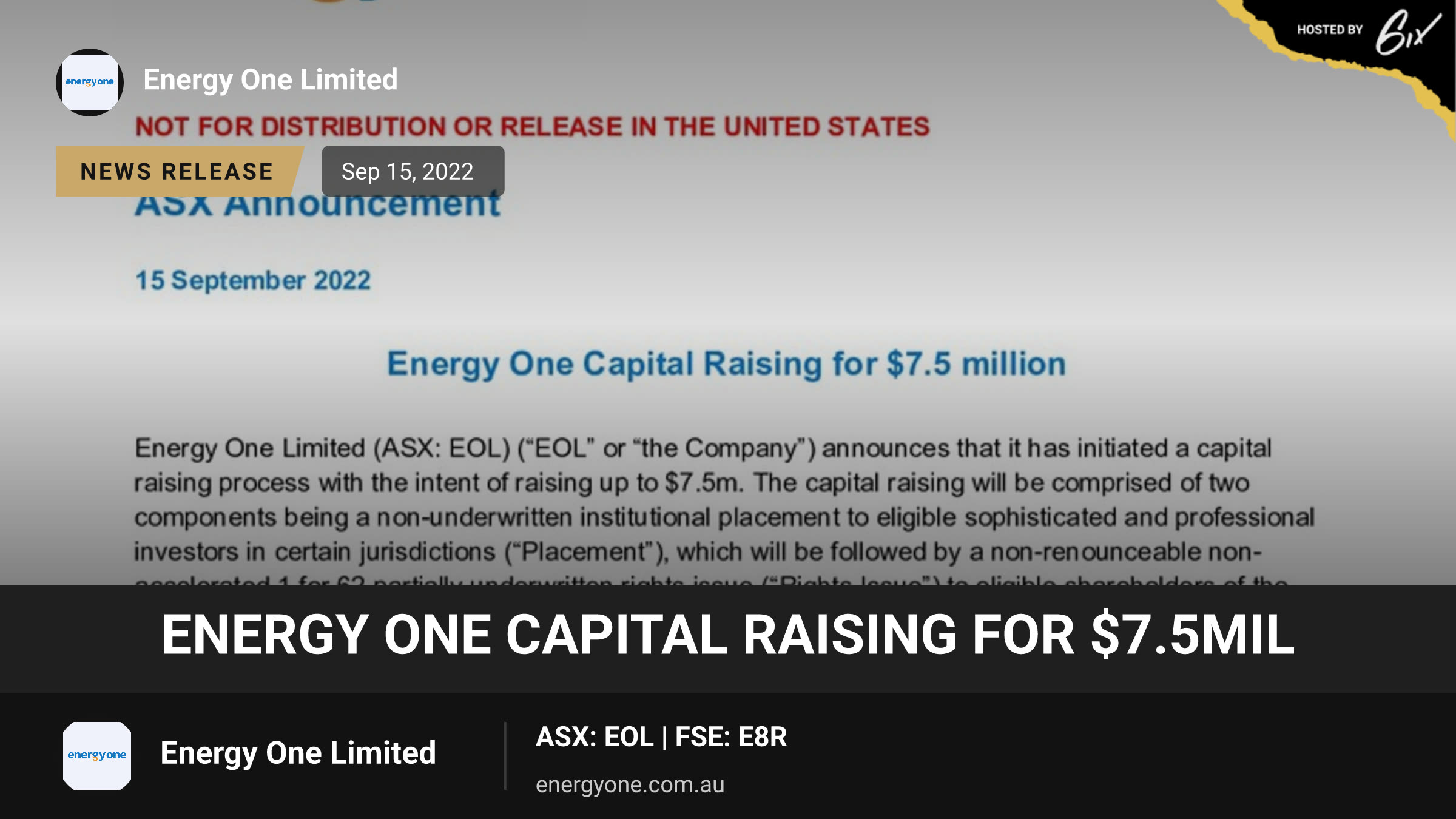 Energy One Capital raising for $7.5mil