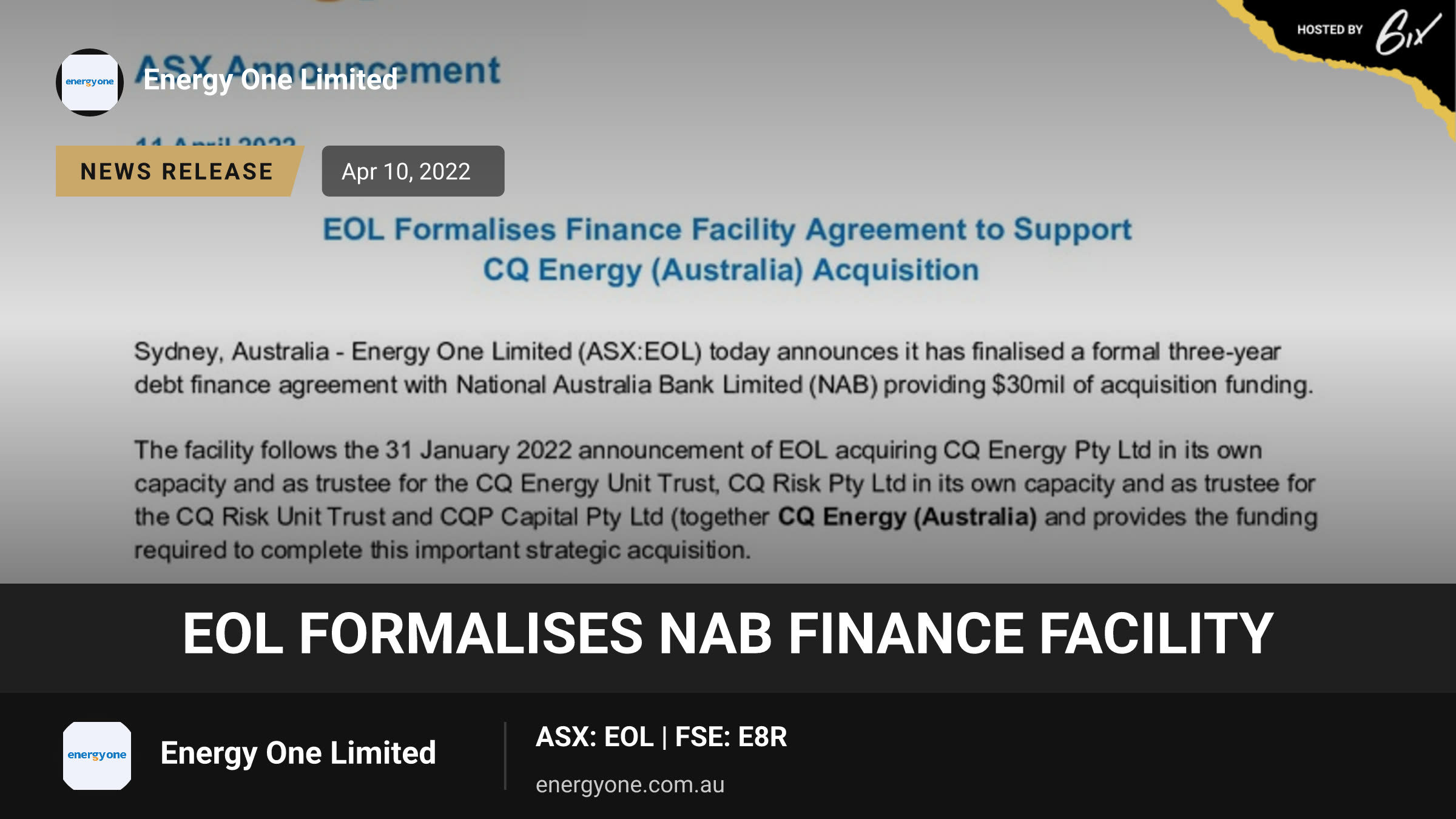 EOL Formalises NAB Finance Facility