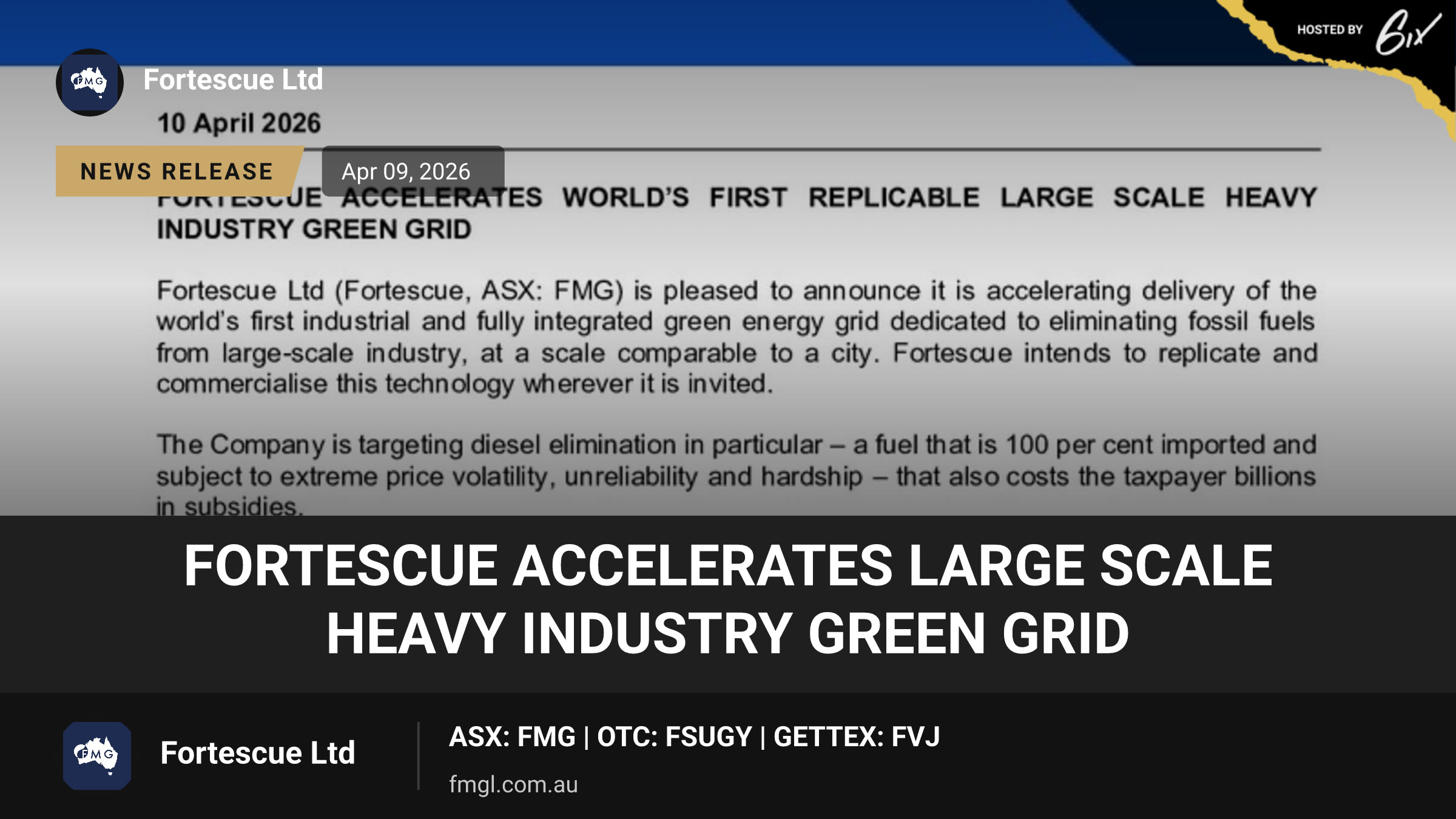 Fortescue Accelerates Large Scale Heavy Industry Green Grid