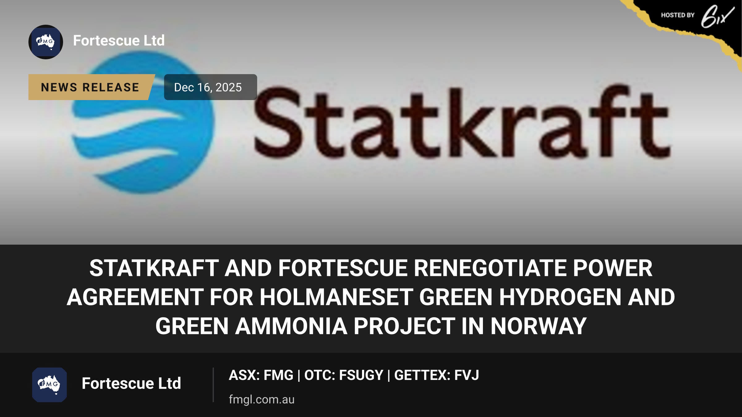 Statkraft and Fortescue renegotiate power agreement for Holmaneset green hydrogen and green ammonia project in Norway