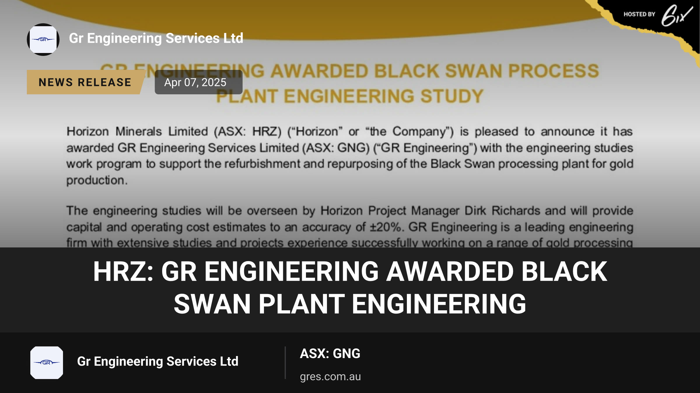 HRZ: GR Engineering Awarded Black Swan Plant Engineering
