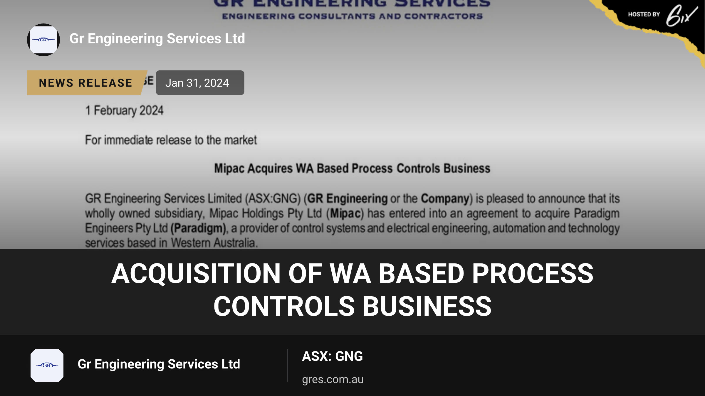 Acquisition of WA Based Process Controls Business