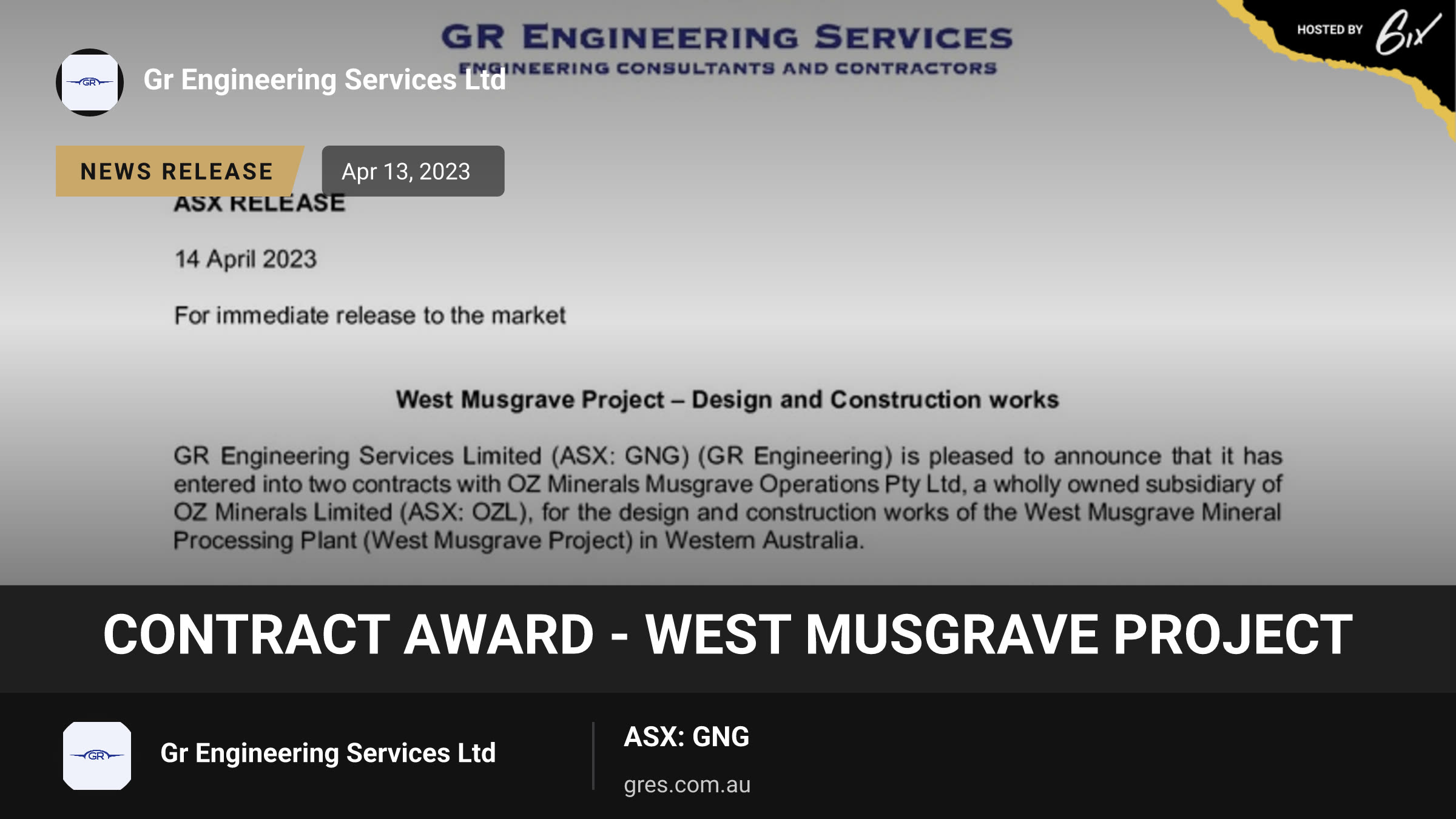 Contract Award - West Musgrave Project