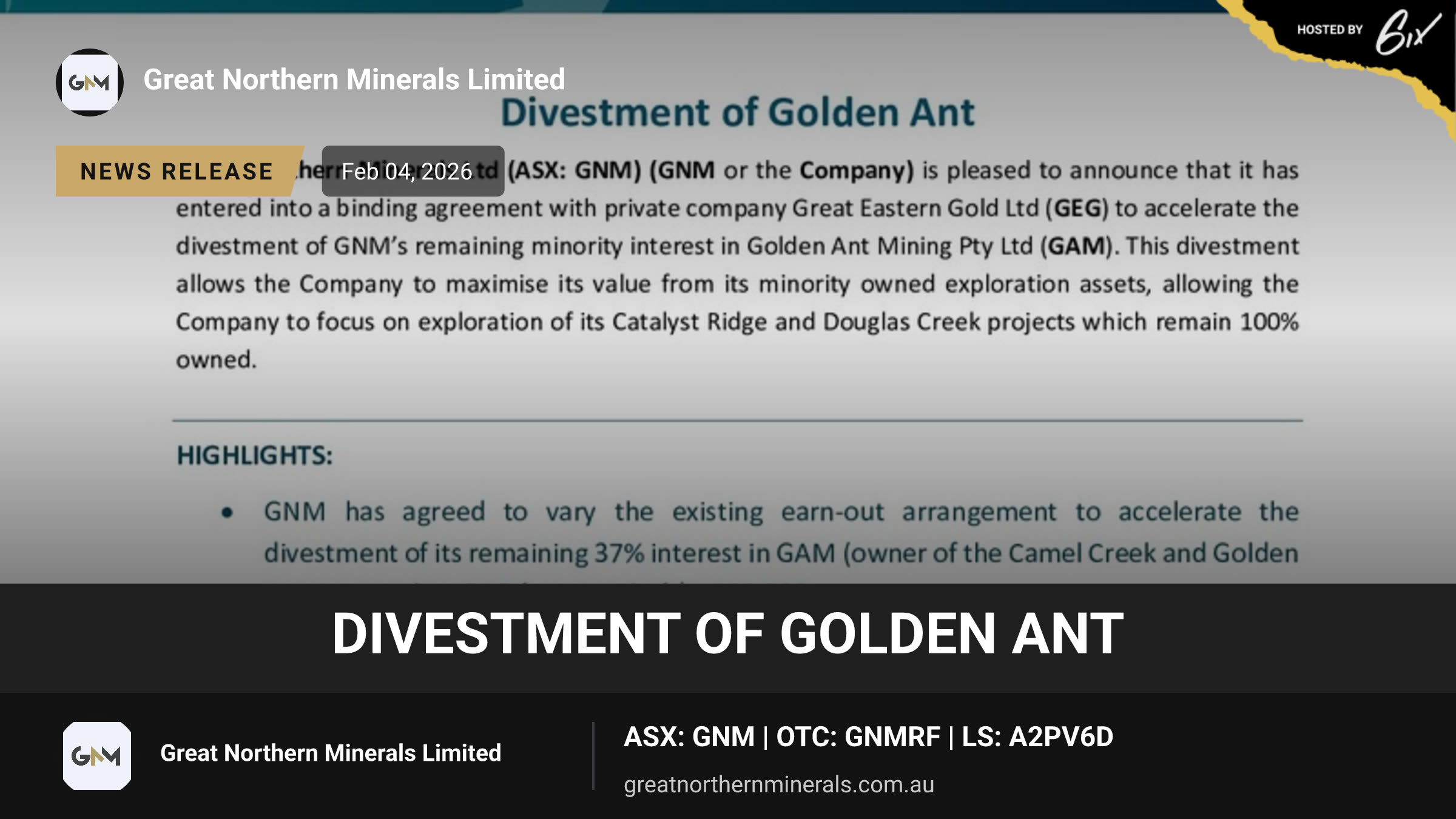 Divestment of Golden Ant