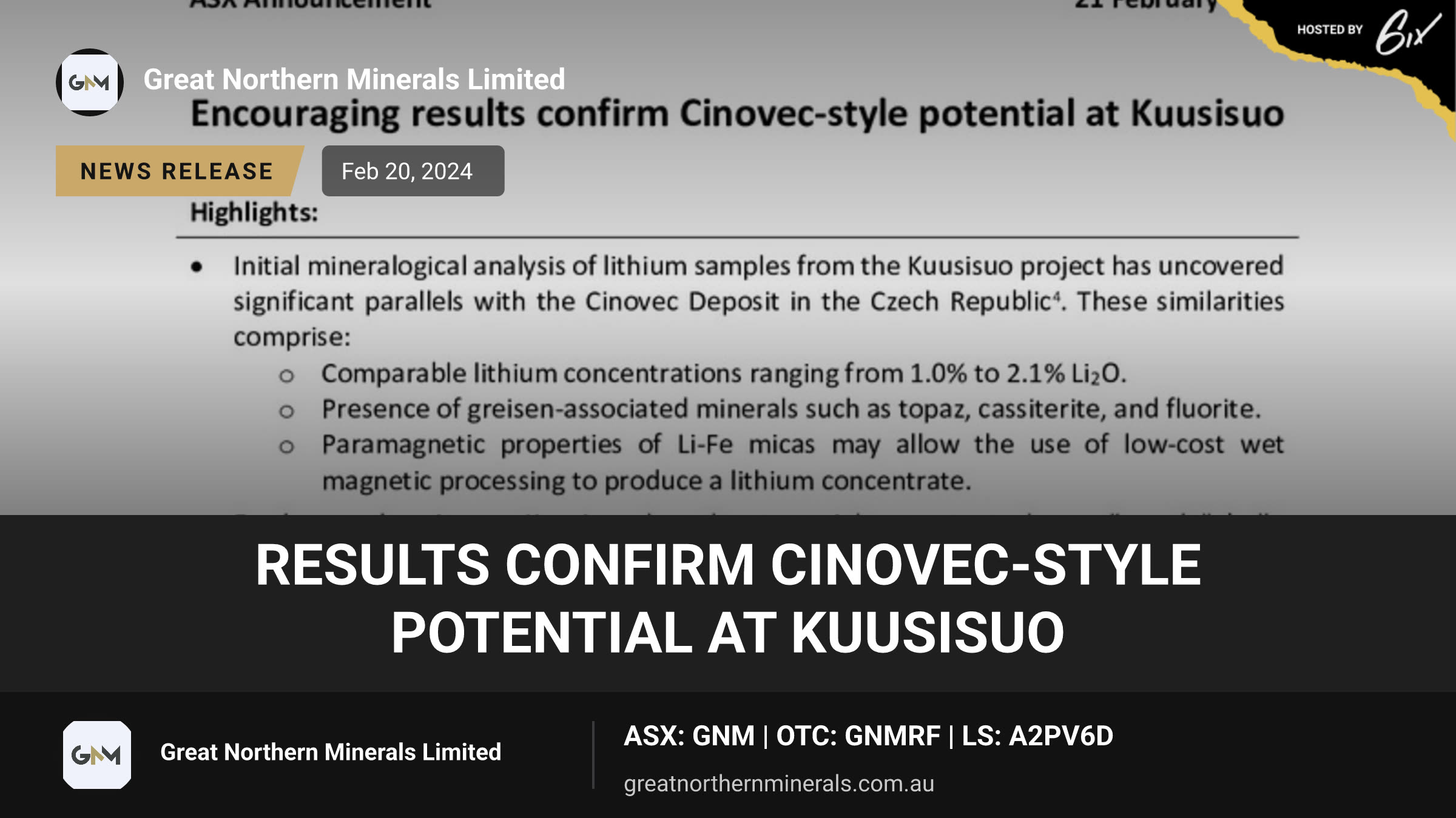 Results confirm Cinovec-style potential at Kuusisuo