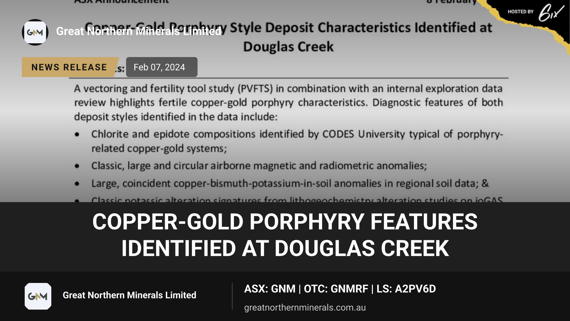 Copper-Gold Porphyry Features Identified at Douglas Creek