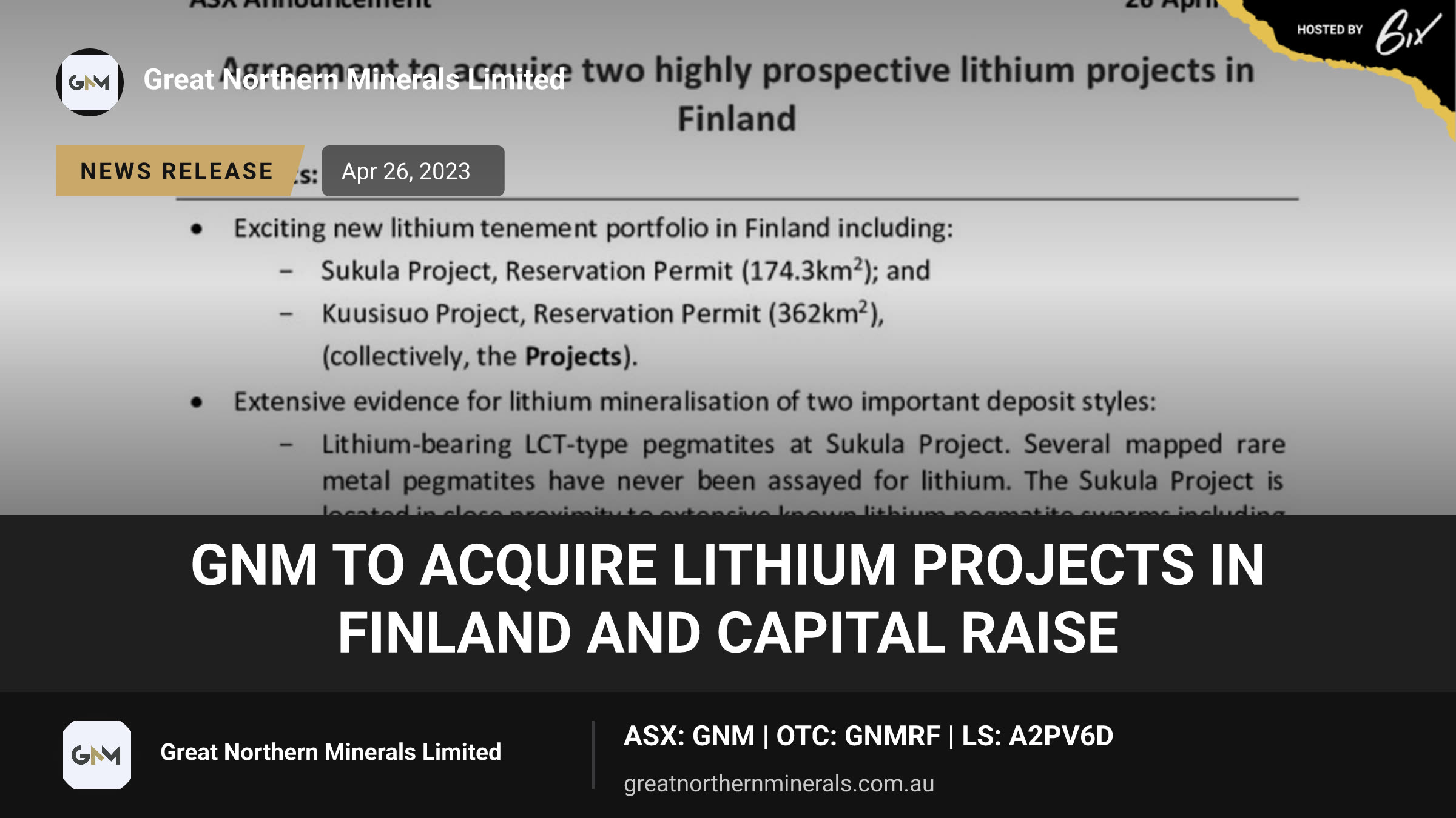 GNM to acquire Lithium Projects in Finland and Capital Raise