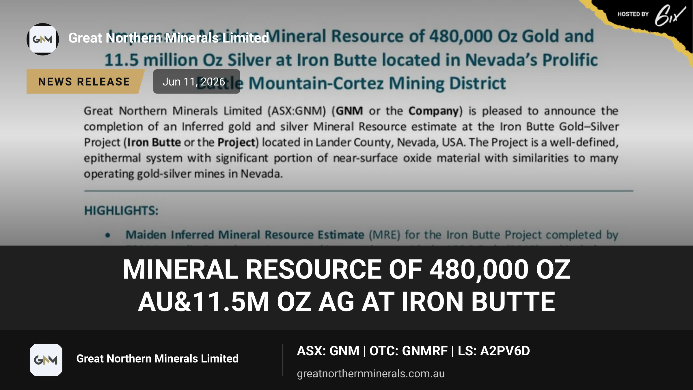 Mineral Resource of 480,000 Oz Au&11.5m Oz Ag at Iron Butte