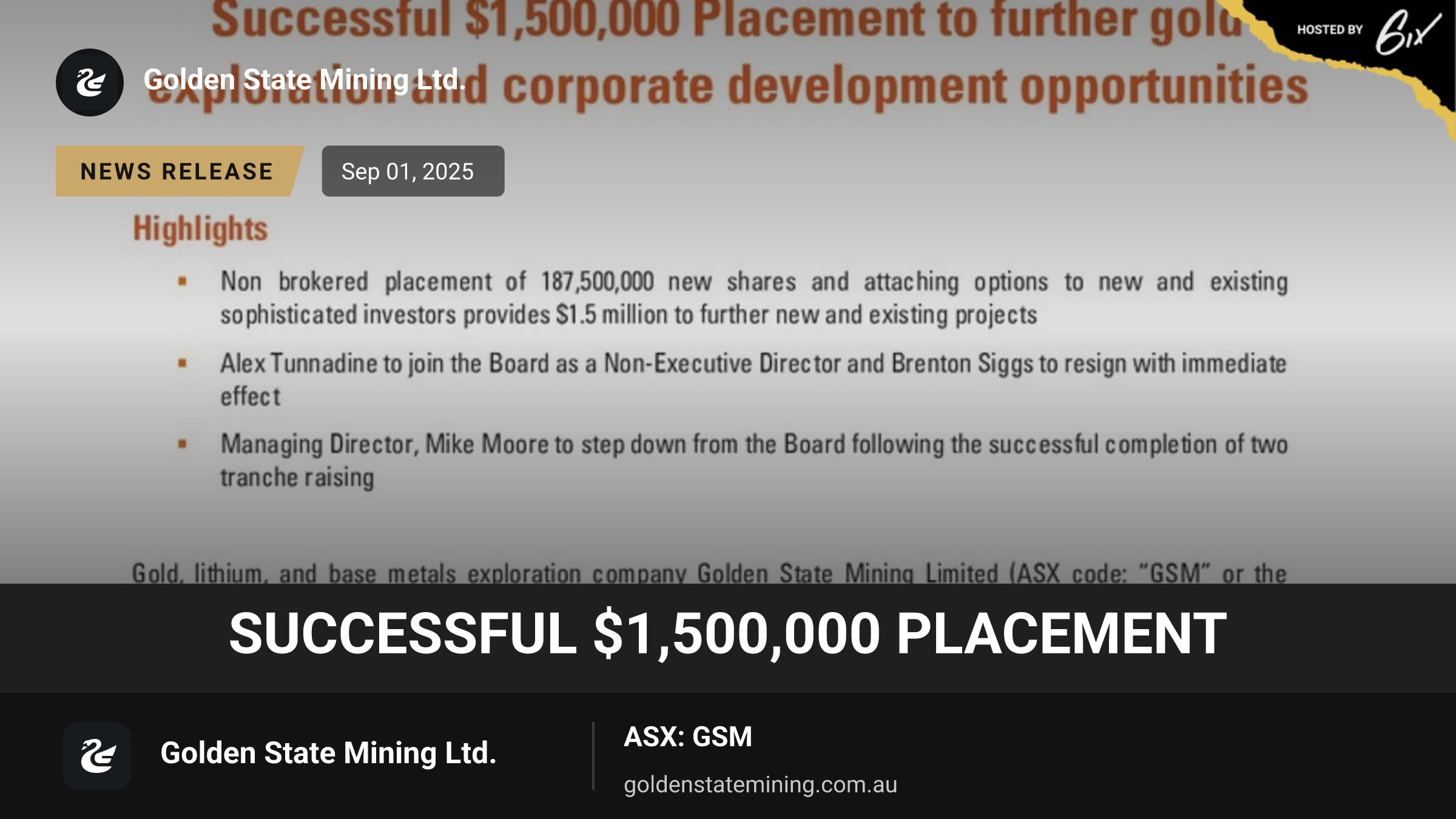 Successful $1,500,000 Placement