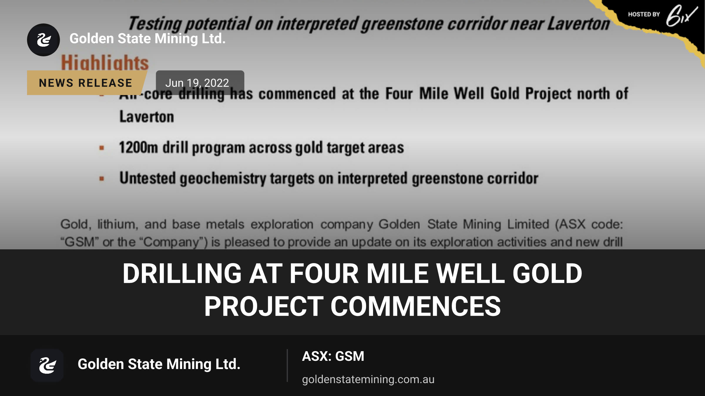 Drilling at Four Mile Well Gold Project Commences