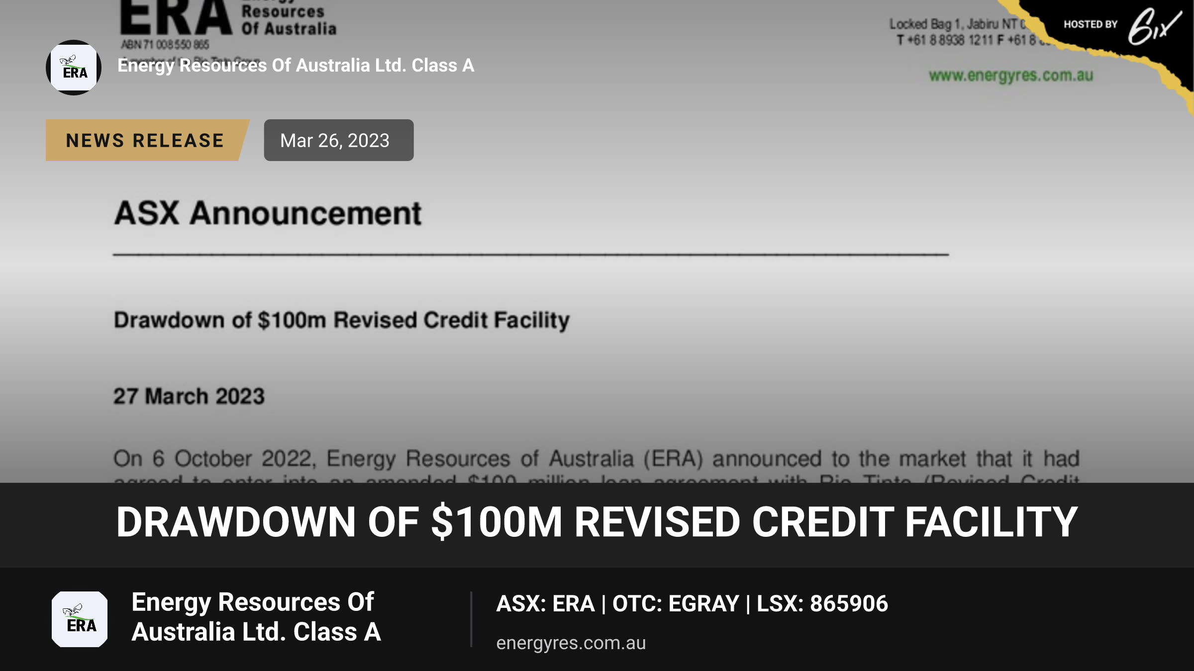 Drawdown of $100m Revised Credit Facility