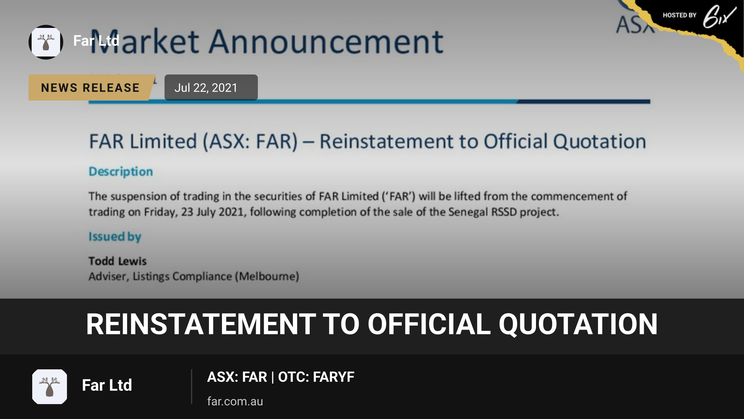 Reinstatement to Official Quotation