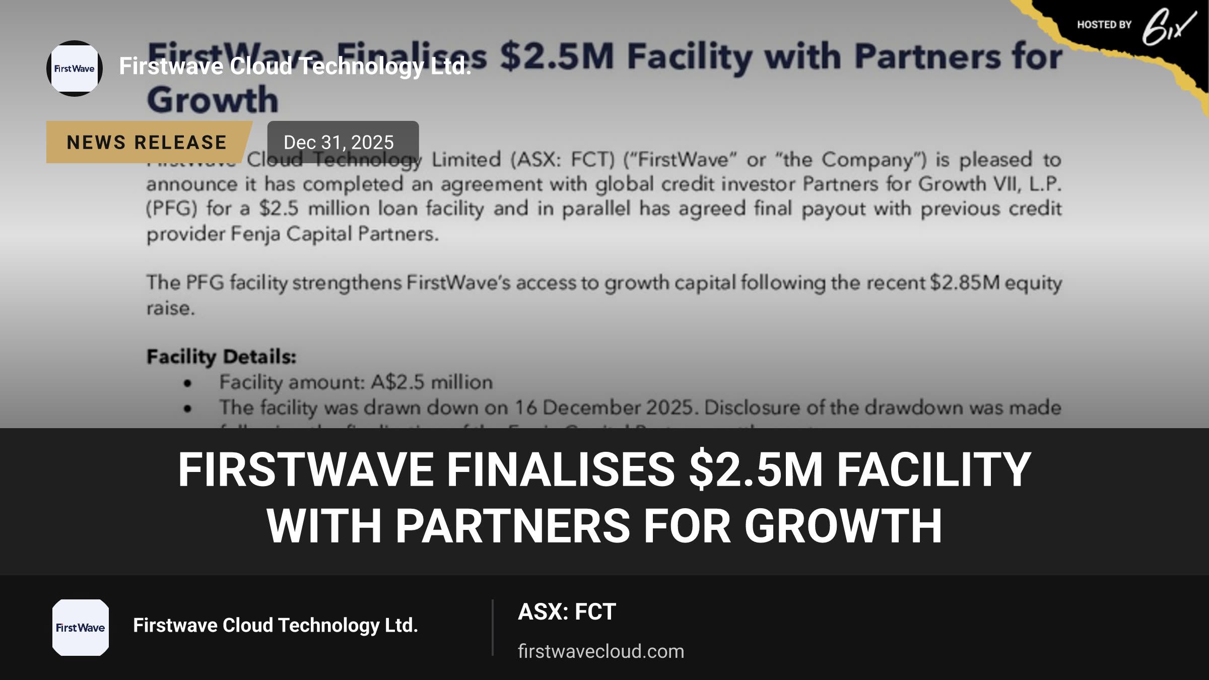 FirstWave Finalises $2.5M Facility with Partners for Growth