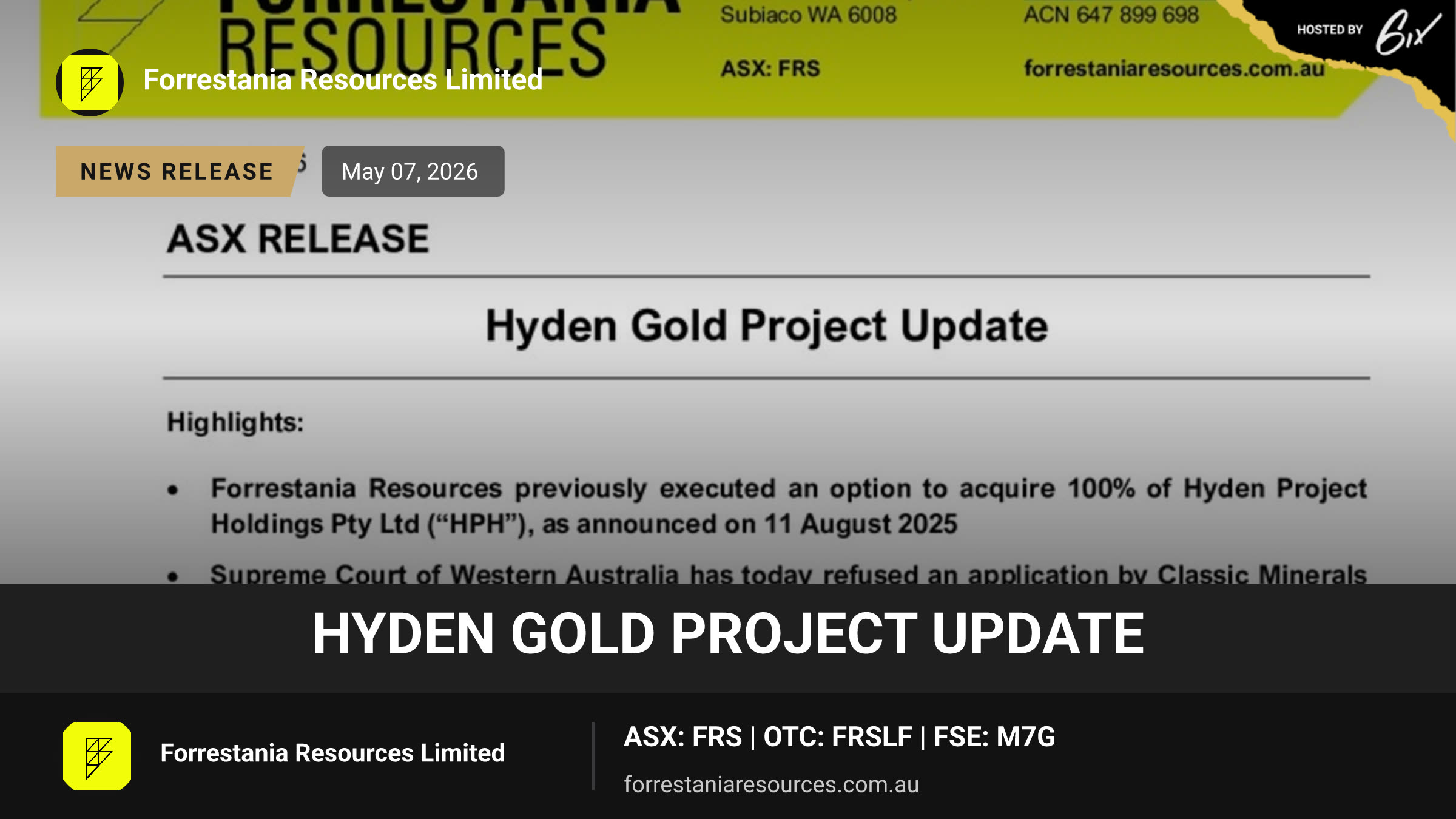 Hyden Gold Project Update