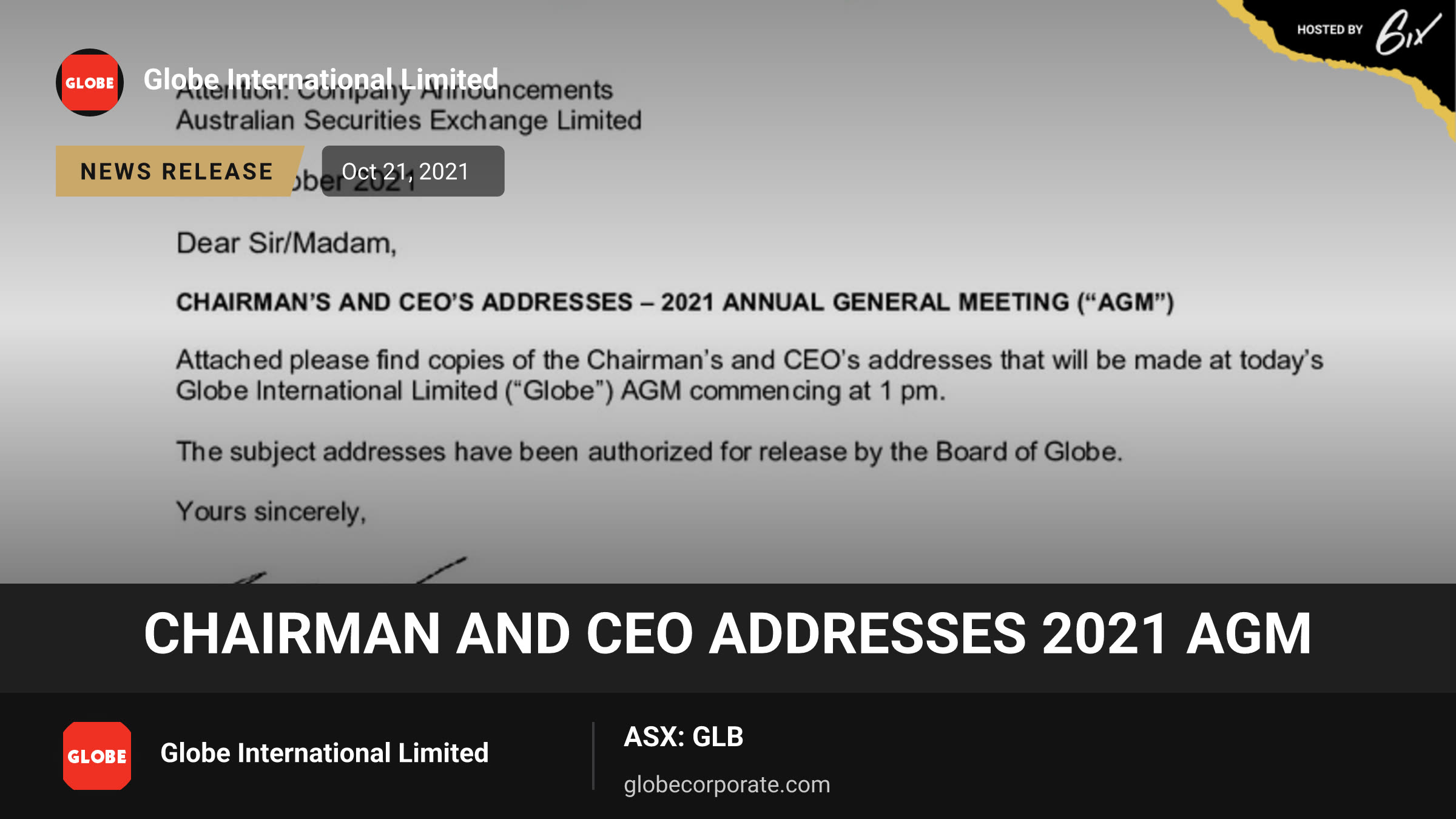 CHAIRMAN AND CEO ADDRESSES 2021 AGM