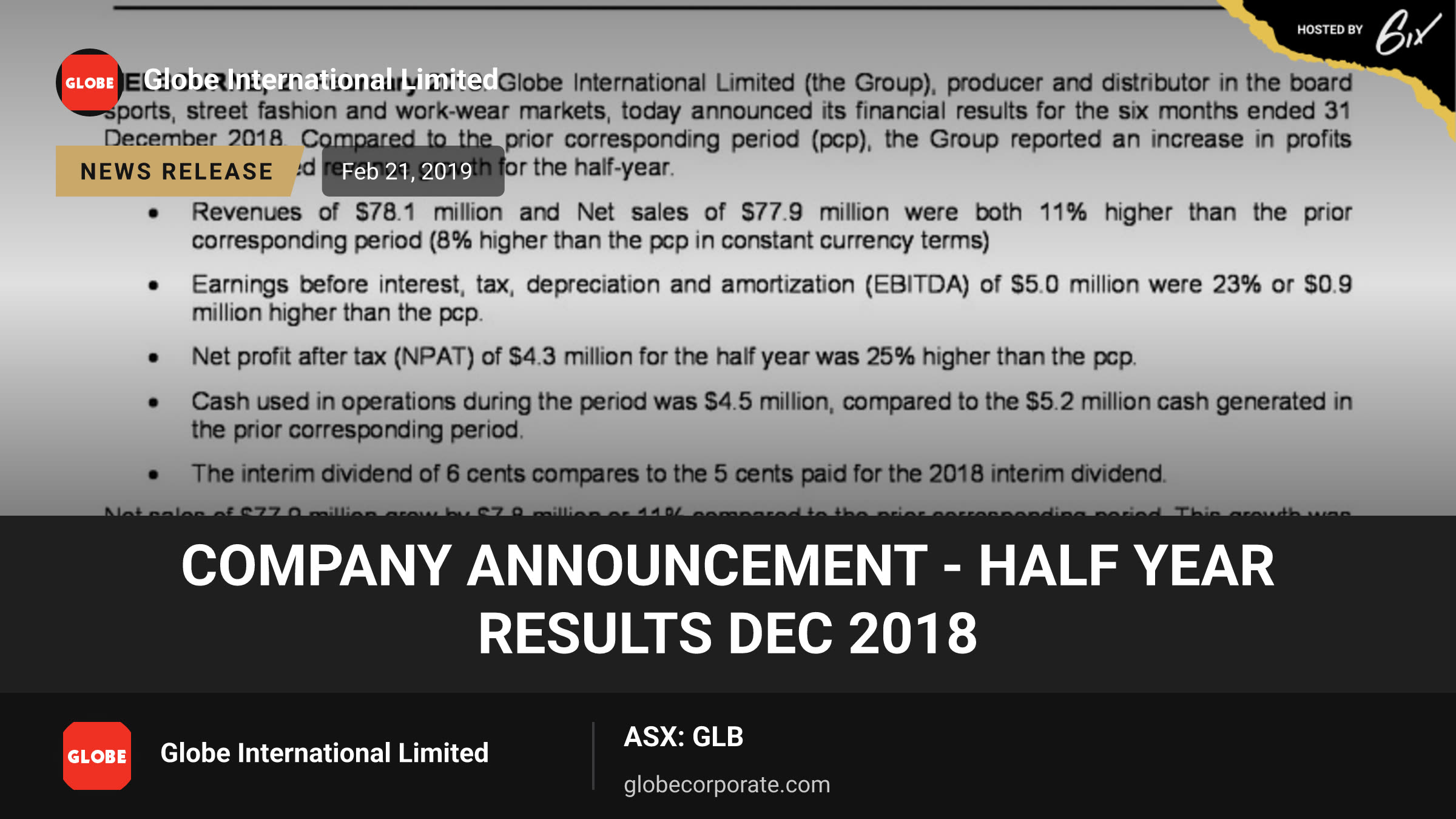 COMPANY ANNOUNCEMENT - HALF YEAR RESULTS DEC 2018