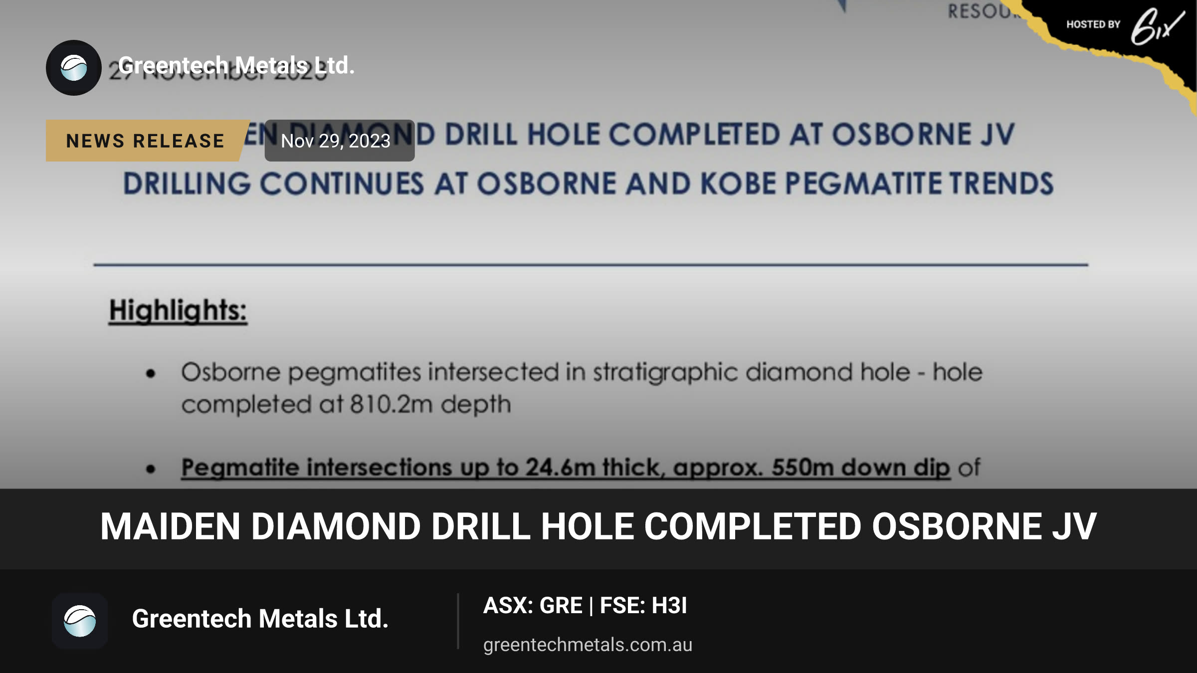Maiden Diamond Drill Hole Completed Osborne JV