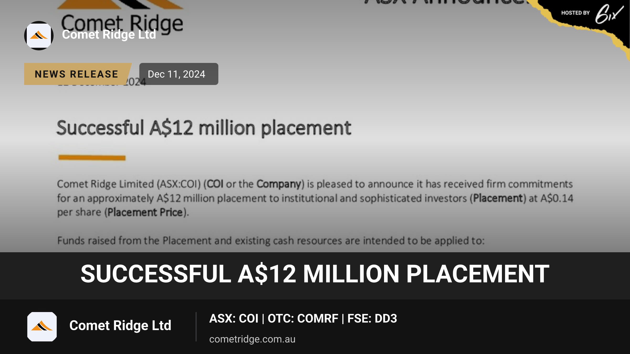 Successful A$12 million placement