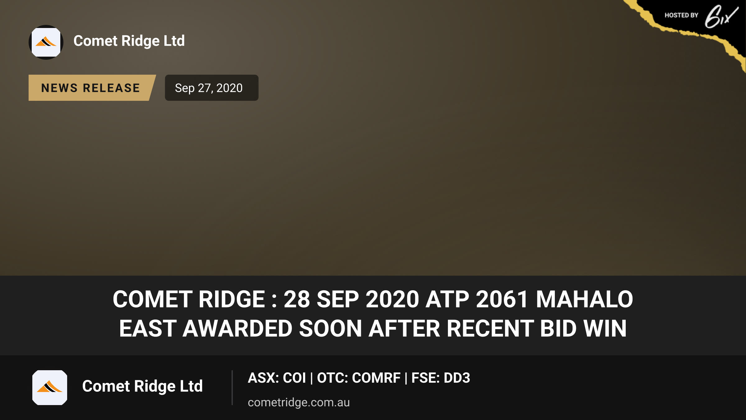 Comet Ridge : 28 Sep 2020 ATP 2061 Mahalo East Awarded Soon After Recent Bid Win
