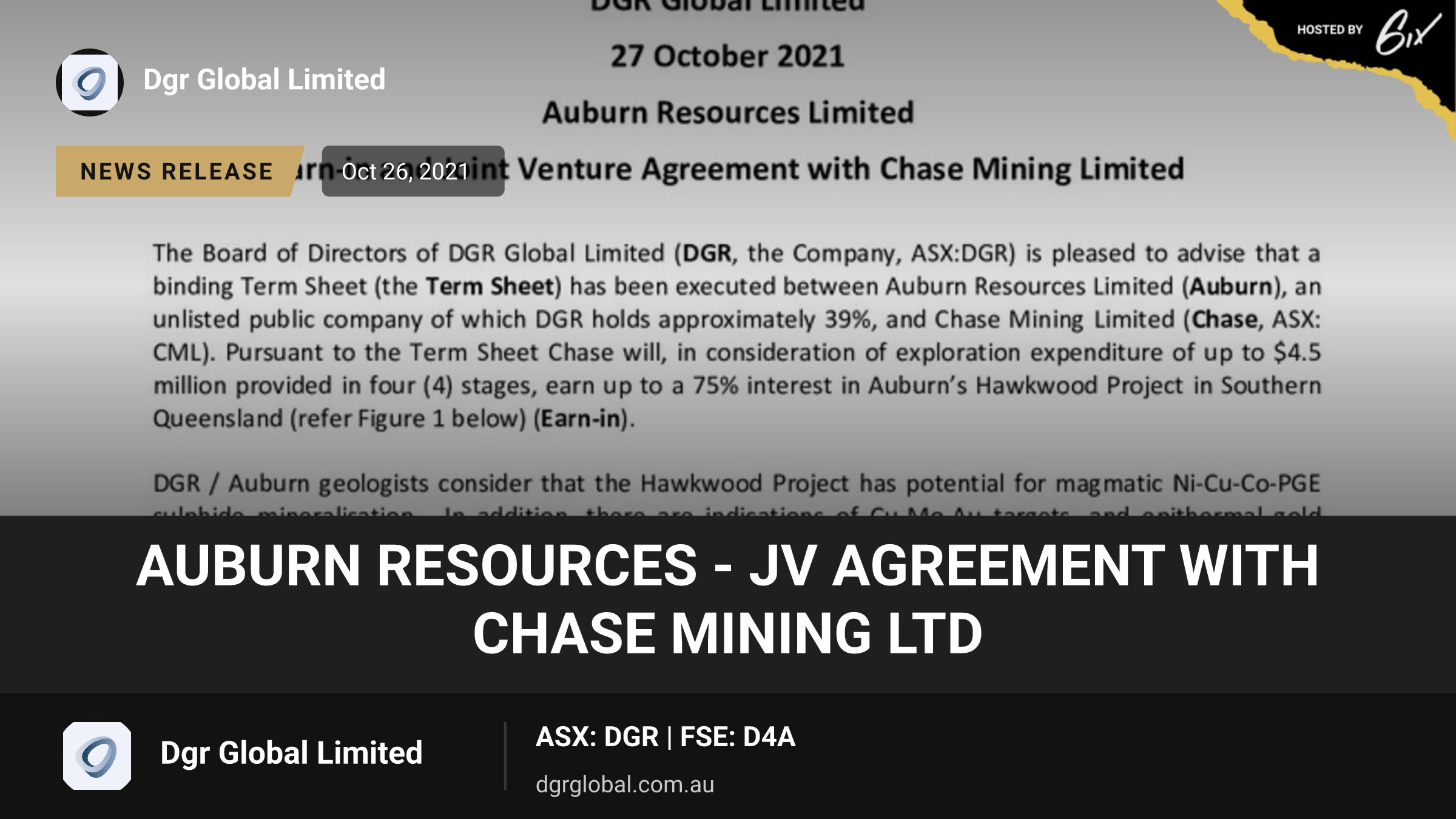 Auburn Resources - JV Agreement with Chase Mining Ltd
