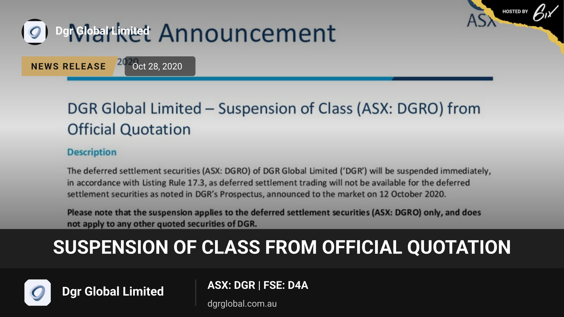 Suspension of Class from Official Quotation
